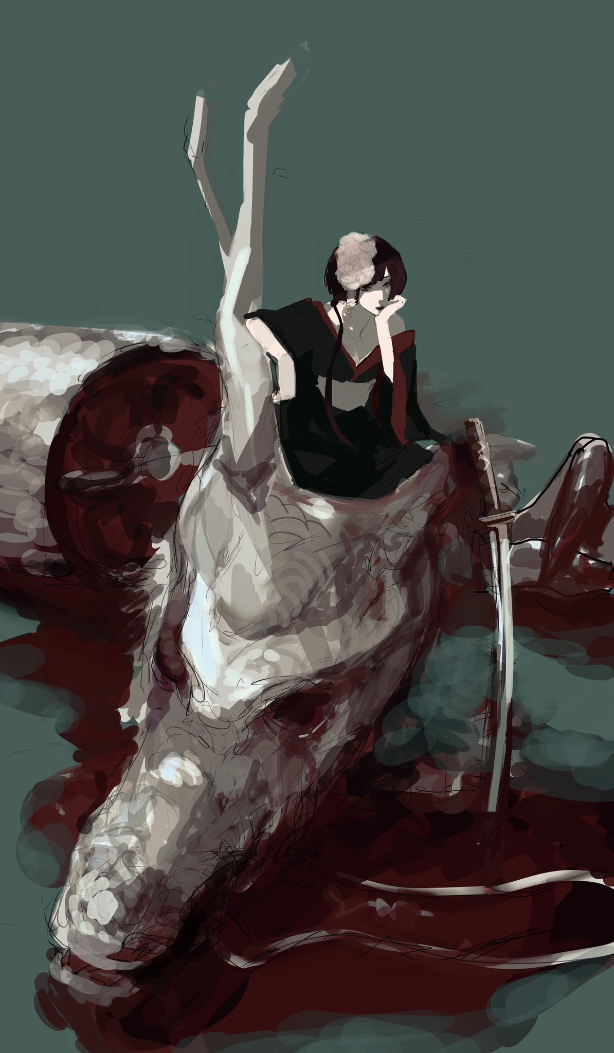 waffle820, original, highres, 1girl, black kimono, black lips, bleeding, blood, bob cut, dragon, eastern dragon, elbow rest, exposed bone, flower, full body, hair flower, hair ornament, hand on own chin, head rest, japanese clothes, kimono, long sidelocks, looking at viewer, pool of blood, red eyes, red hair, red trim, severed head, short hair, sidelocks, sitting, skull, solo