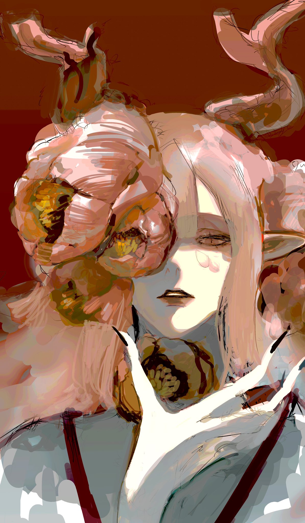 waffle820, original, highres, 1girl, antlers, double-parted bangs, flower, growing out of body, hair between eyes, hair flower, hair ornament, hand up, horns, looking at viewer, one eye covered, parted lips, partially shaded face, pink hair, pointy ears, spaghetti strap, yellow eyes