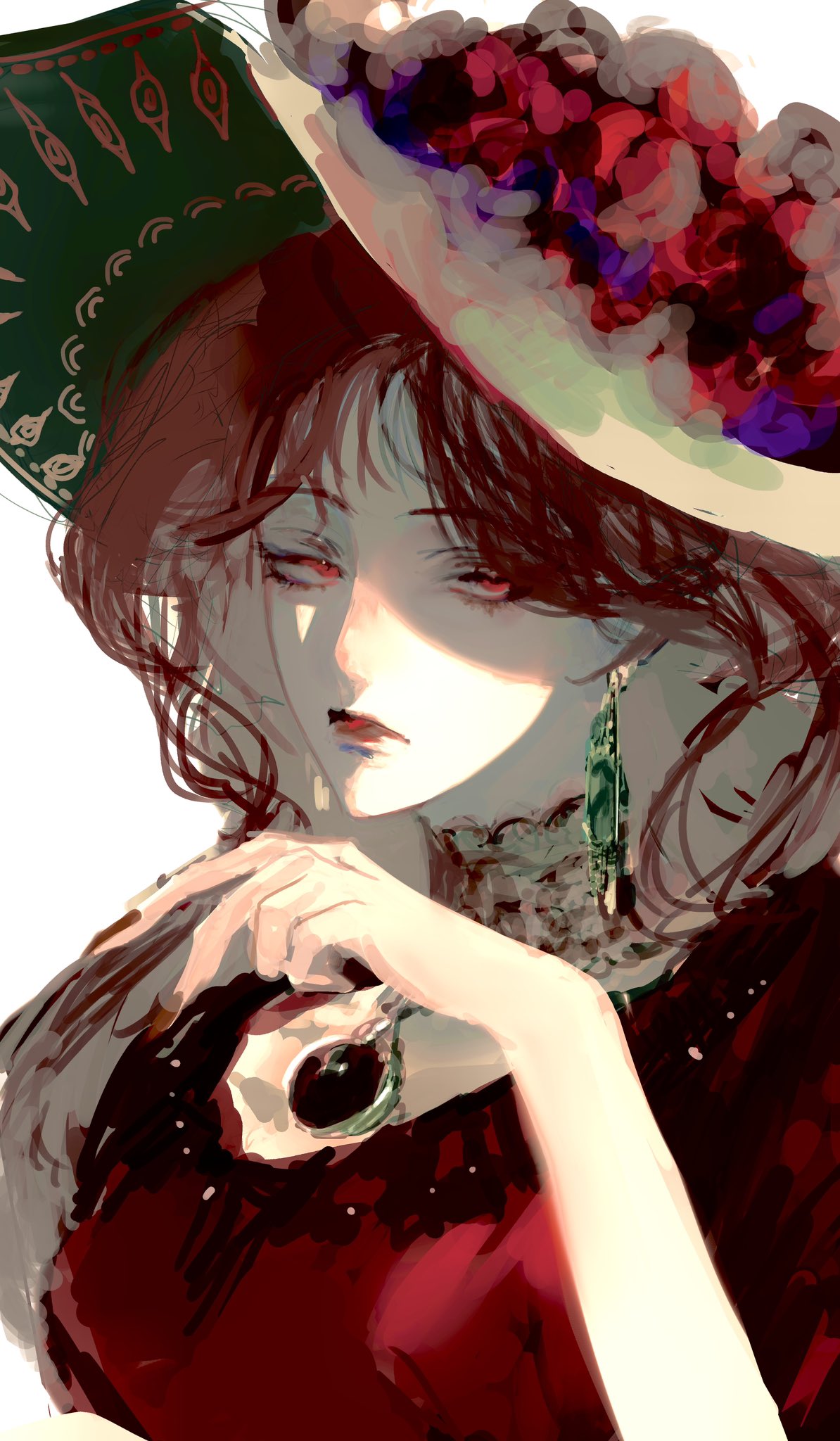 waffle820, original, highres, 1girl, collar, dress, earrings, expressionless, feather earrings, feathers, hand up, hat, jewelry, looking at viewer, pendant, red dress, red eyes, red hair, red lips, red nails, sidelighting, solo, upper body