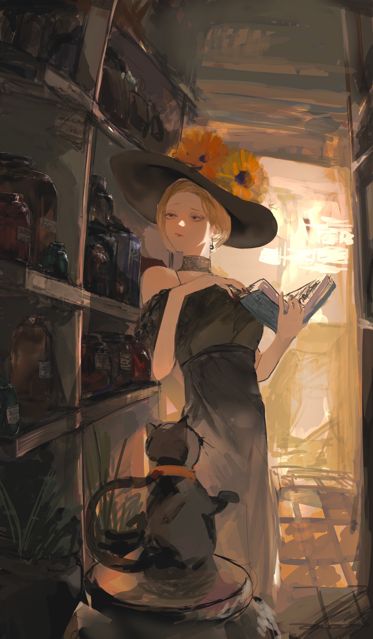 waffle820, original, highres, 1girl, aegyo sal, aisle, black cat, black dress, black hat, blonde hair, bob cut, book, cat, collar, dress, hat, holding, holding book, indoors, off-shoulder dress, off shoulder, open book, red eyes, red lips, shelf, shop, short hair, spaghetti strap, sunflower hat ornament