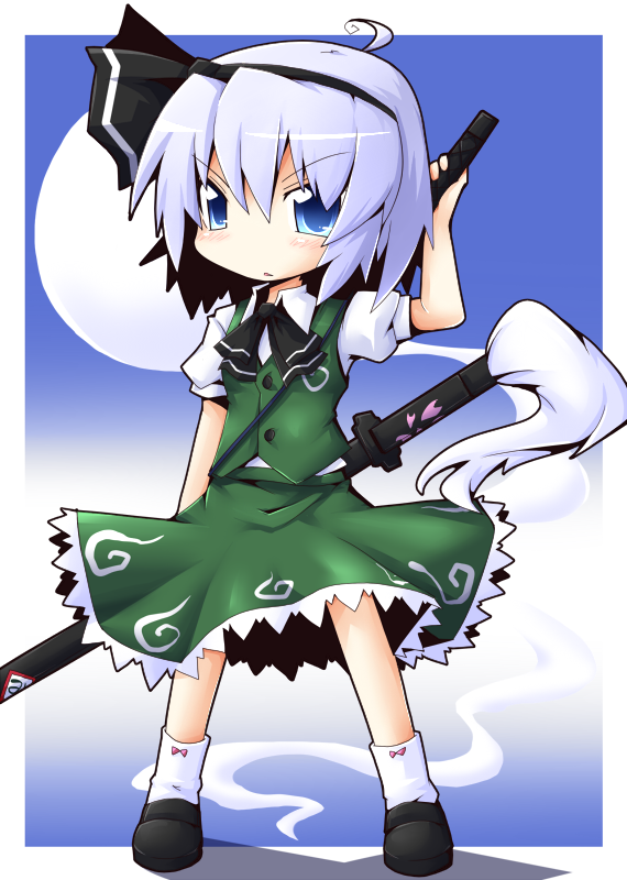 reku, konpaku youmu, konpaku youmu (ghost), touhou, silver hair, 1girl, blue eyes, female focus, full body, ghost, gradient background, hairband, katana, sheath, sheathed, short hair, skirt, solo, sword, weapon, white background