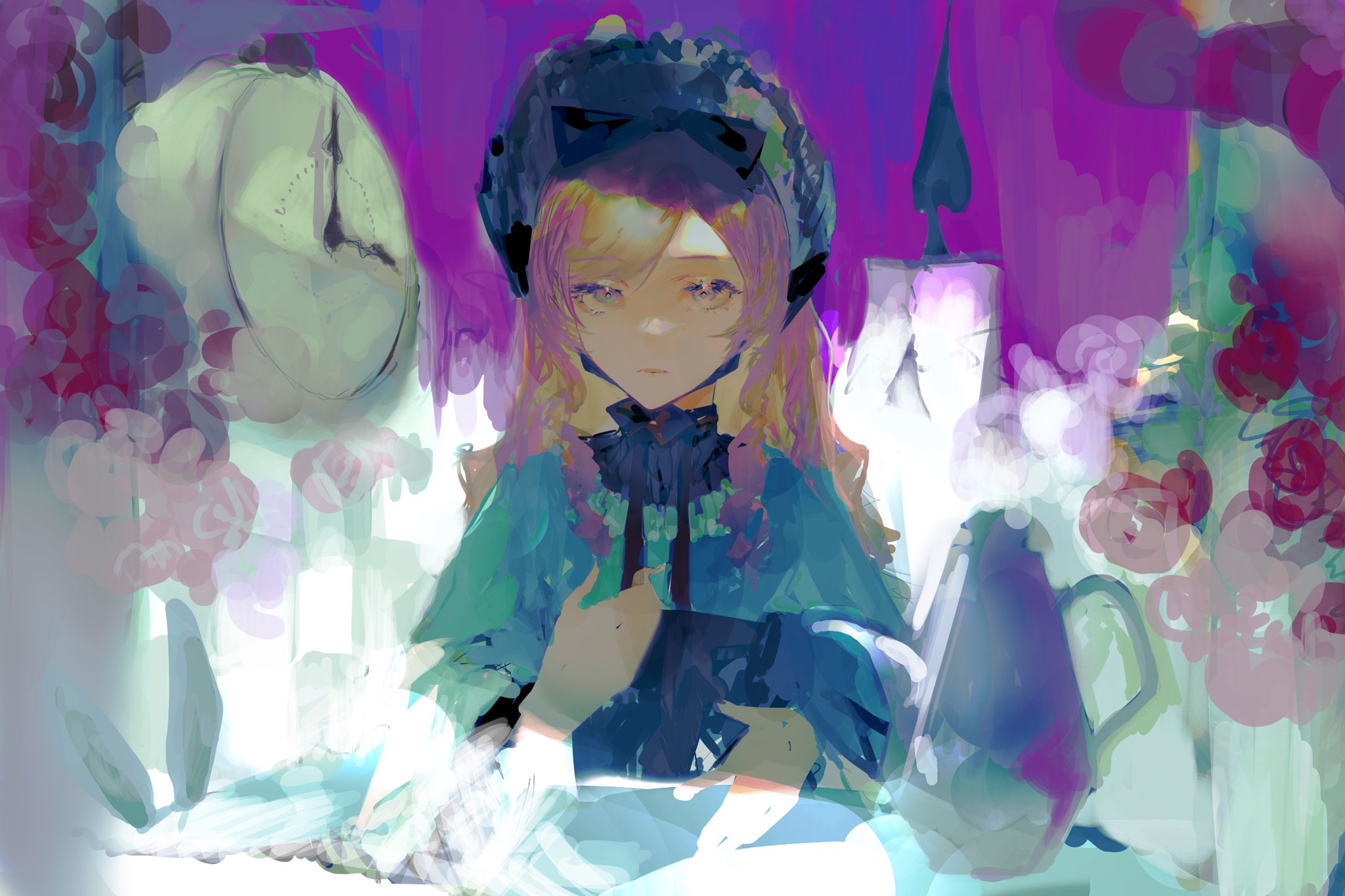 waffle820, original, highres, 1girl, :|, blonde hair, closed mouth, curtains, dress, hair over shoulder, headdress, looking at viewer, neck ribbon, ribbon, sitting, solo, table, teapot, upper body, wavy hair, yellow eyes