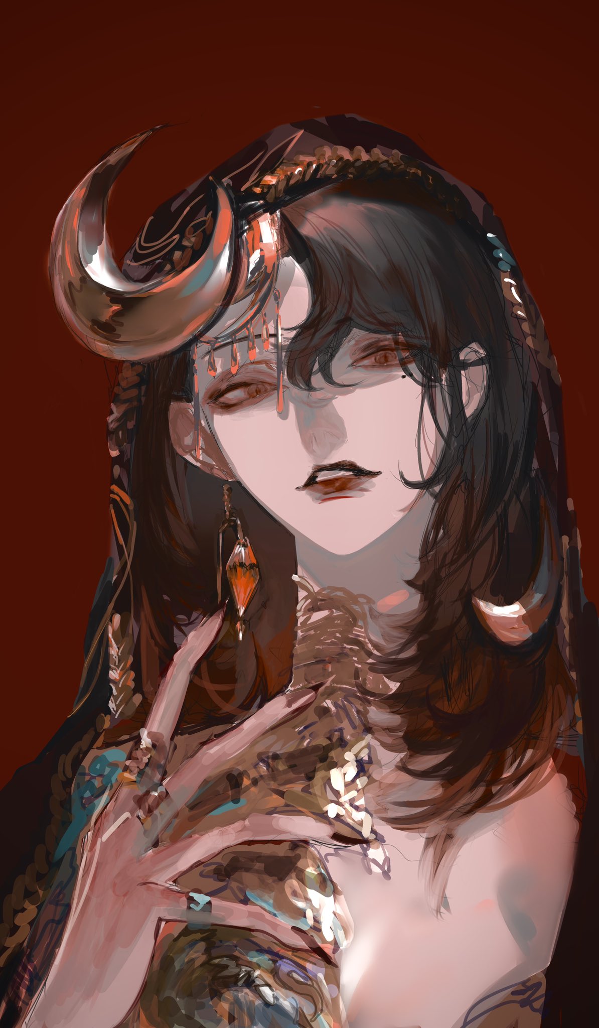 waffle820, original, highres, 1girl, aegyo sal, black hair, breasts, cleavage, collar, crescent, crescent hair ornament, gradient hair, grin, hair ornament, hand up, jewelry, lace, long hair, looking at viewer, multicolored hair, multiple rings, parted lips, red eyes, red lips, ring, smile, solo, upper body, veil