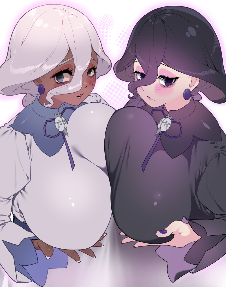 sumisumii, hex maniac (pokemon), hex maniac (pokemon legends: z-a), nintendo, pokemon, pokemon legends: z-a, 2girls, blue eyes, blush, breast press, breasts, dark-skinned female, dark skin, earrings, female focus, grabbing own breast, huge breasts, jewelry, long hair, looking at viewer, multiple girls, nail polish, symmetrical docking, white hair