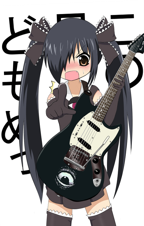shoutaku, backbeako (torotei), backbeard, nakano azusa, gegege no kitarou, k-on!, original, 1girl, black hair, blush, cosplay, elbow gloves, female focus, gloves, guitar, hair over one eye, hair ribbon, instrument, kono lolicon domome, long hair, mustang (guitar), nakano azusa (cosplay), pointing, ribbon, skirt, solo, thighhighs, twintails, zettai ryouiki