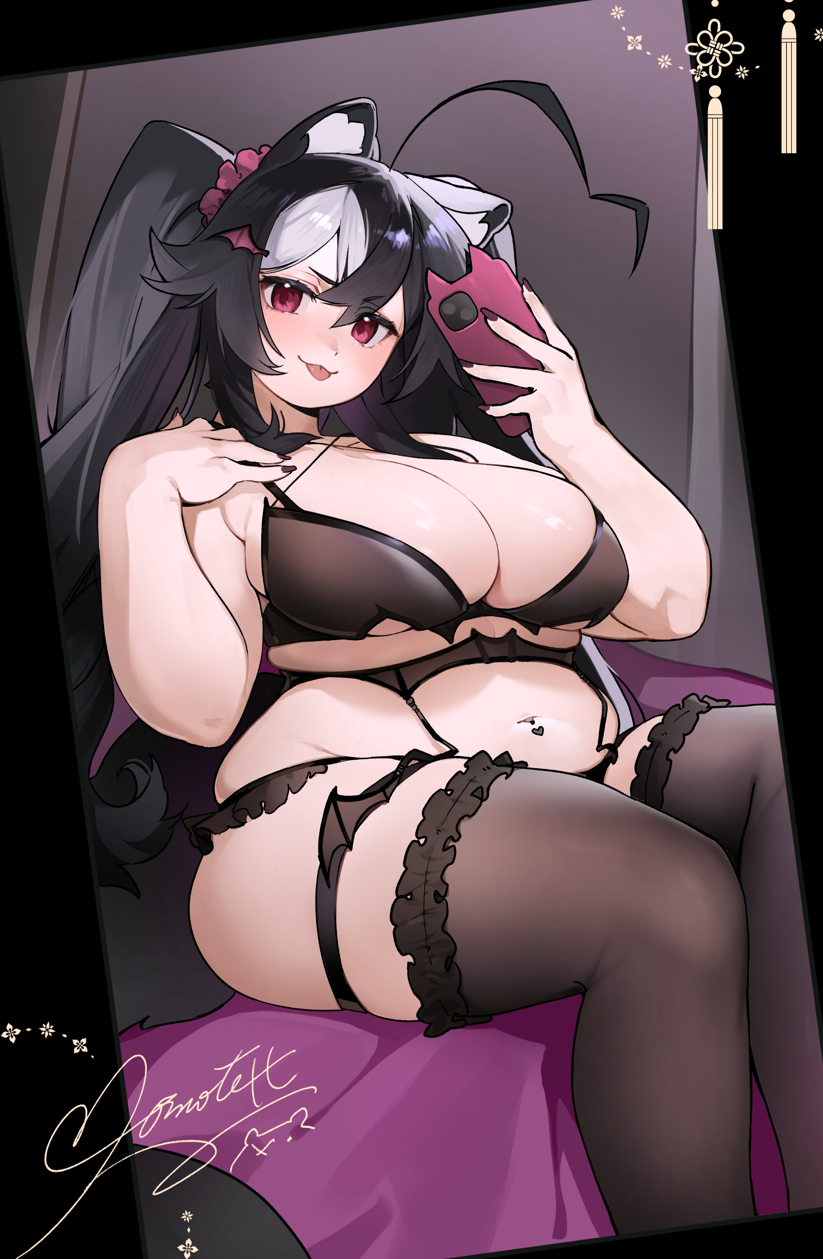 momote, momote (vtuber), indie virtual youtuber, 1girl, ahoge, animal ears, black bra, black hair, black panties, black thighhighs, bra, breasts, cellphone, cleavage, dutch angle, frilled panties, frilled thighhighs, frills, garter belt, garter straps, hair ornament, hand on own chest, holding, holding phone, large breasts, lingerie, long hair, mirror selfie, multicolored hair, navel, navel piercing, panties, phone, piercing, pink eyes, pink scrunchie, plump, purple nails, scrunchie, selfie, signature, sitting, smartphone, smile, solo, thigh strap, thighhighs, tongue, tongue out, twintails, underwear, virtual youtuber, white hair, wide hips, wing hair ornament