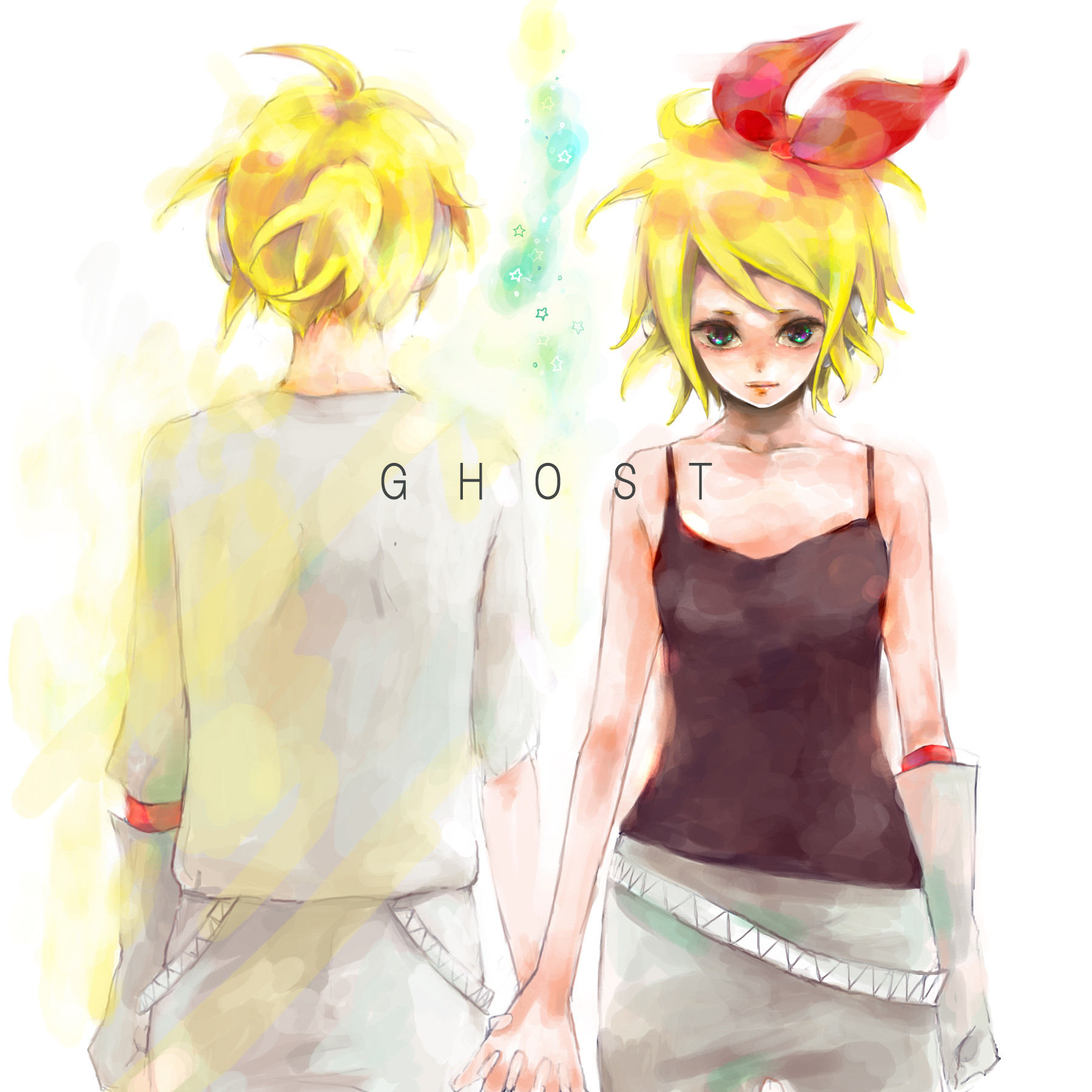 aono nachi, ntk, kagamine len, kagamine rin, vocaloid, bad id, bad pixiv id, highres, 1boy, 1girl, aqua eyes, arms at sides, back, blonde hair, brother and sister, cowboy shot, gloves, hair ribbon, headphones, hetero, holding hands, interlocked fingers, ponytail, ribbon, short hair, siblings, side-by-side, single glove, song name, twins, white background