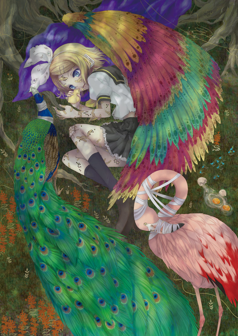 kona, kona (canaria), kagamine rin, vocaloid, bad id, bad pixiv id, highres, 1girl, baby animal, bandages, bird, blonde hair, blue eyes, chick, egg, female focus, flamingo, hair ornament, hairclip, headphones, peacock, pleated skirt, short hair, skirt, solo, wings