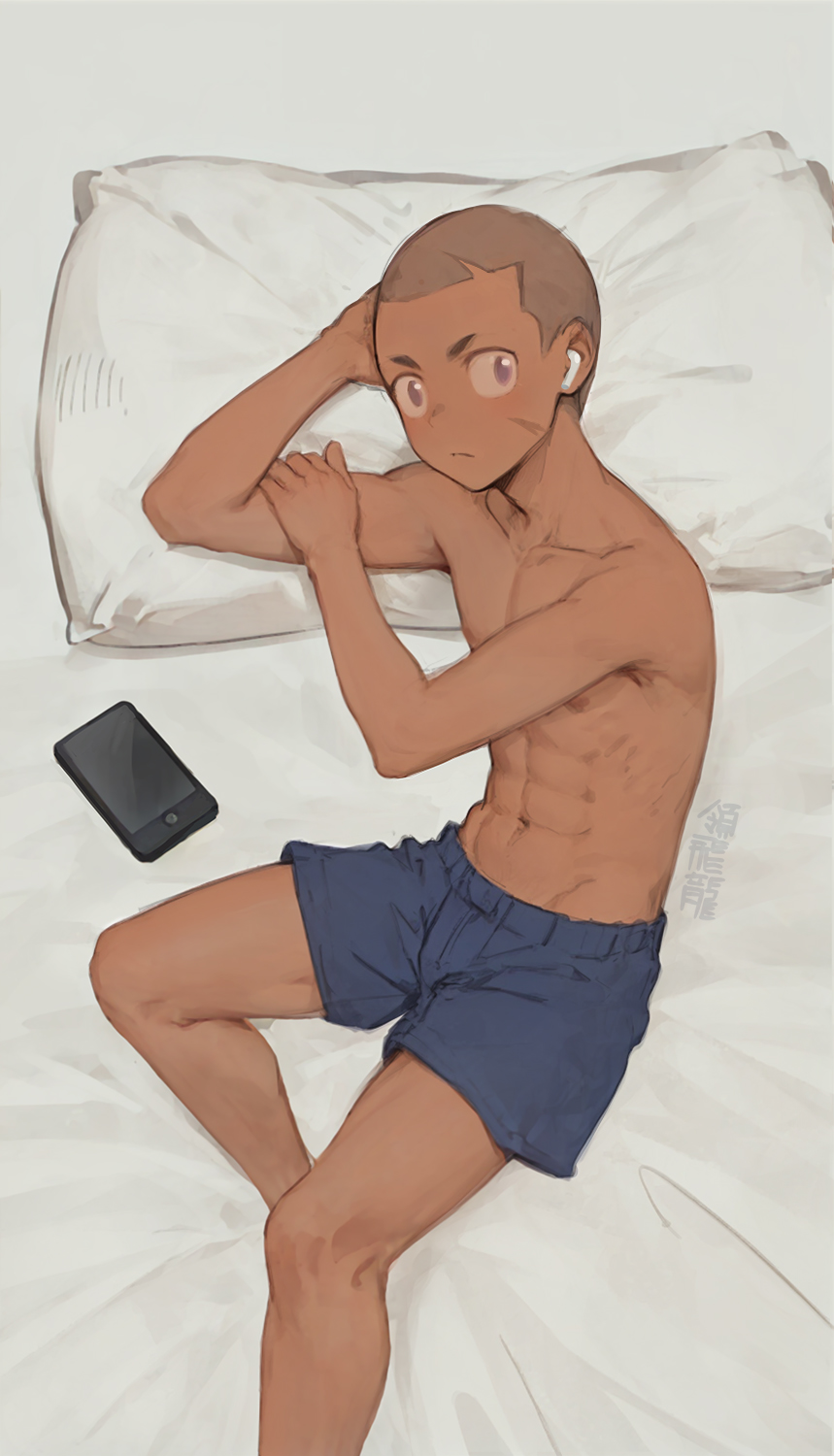 ryou hiryuu, original, 1boy, airpods, blue shorts, buzz cut, dark-skinned male, dark skin, lying, male focus, phone, pillow, scar, scar on face, shaved head, shorts, solo, toned, toned male, very short hair, wireless earphones