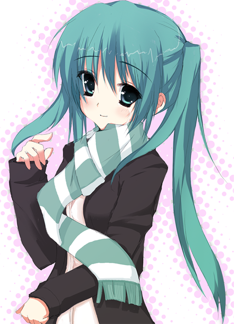 deanoia, re, hatsune miku, hajimete no koi ga owaru toki (vocaloid), vocaloid, bad id, bad pixiv id, 1girl, aqua eyes, aqua hair, blush, casual, female focus, halftone, halftone background, long hair, scarf, smile, solo, twintails