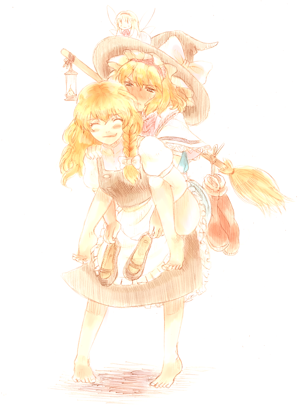 gioha, alice margatroid, kirisame marisa, shanghai doll, touhou, highres, 2girls, barefoot, blonde hair, blush, braid, carrying, couple, feet, female focus, hat, holding, holding shoes, holding unworn clothes, multiple girls, piggyback, shoes, unworn hat, unworn headwear, unworn shoes, yuri