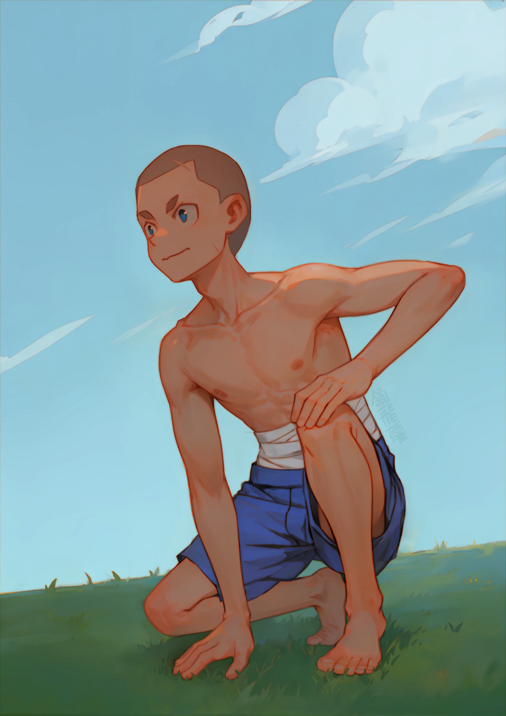 ryou hiryuu, original, 1boy, bandaged chest, barefoot, blue eyes, blue shorts, blue sky, buzz cut, cloud, cloudy sky, kneeling, male focus, nipples, scar, shaved head, shorts, sky, solo, topless male, very short hair
