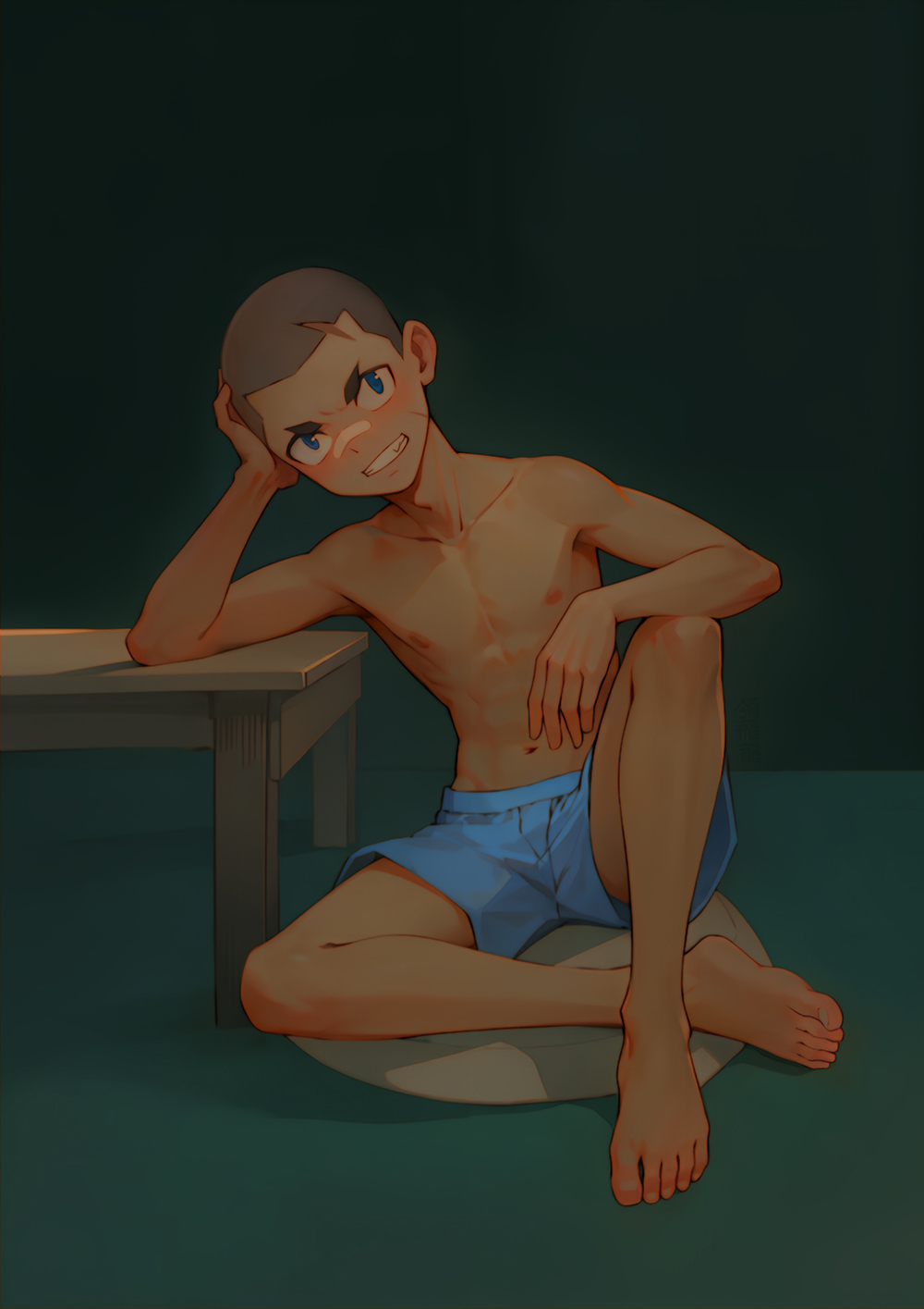 ryou hiryuu, original, 1boy, barefoot, blue eyes, blue shorts, buzz cut, elbow on knee, feet, male focus, nipples, shaved head, shorts, sitting, smile, solo, table, toned, toned male, topless male, very short hair