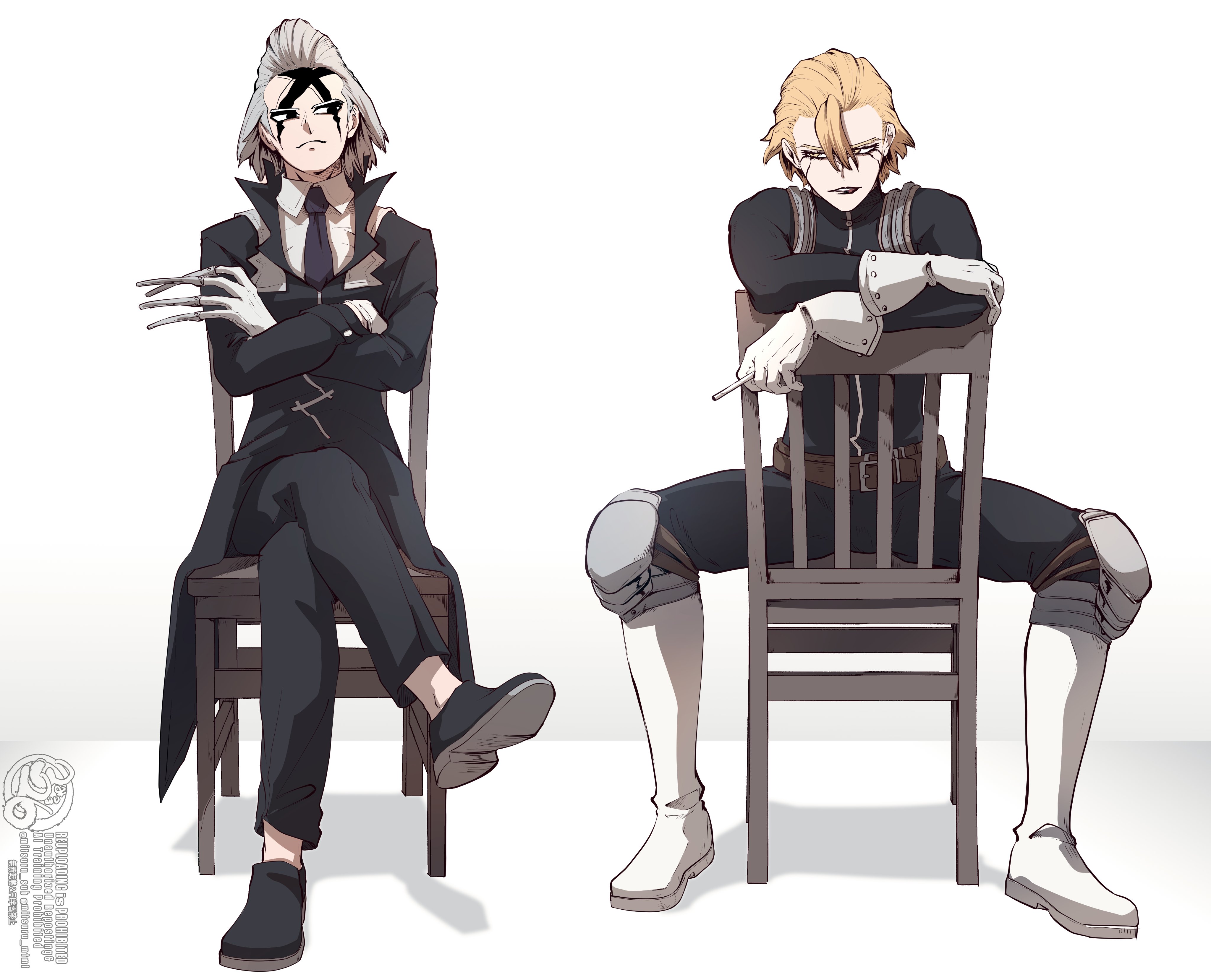 mitsuru (aica hikari), dr. stone, absurdres, commentary, highres, symbol-only commentary, 2boys, belt, black coat, black pants, blonde hair, bodysuit, boots, chair, cigarette, coat, crossed arms, crossed legs, formal clothes, full body, gloves, grey hair, hair slicked back, holding, holding cigarette, looking at viewer, male focus, multiple boys, necktie, pants, shirt, short hair, simple background, sitting, sitting backwards, stanley snyder (dr.stone), white background, white gloves, xeno (dr.stone)