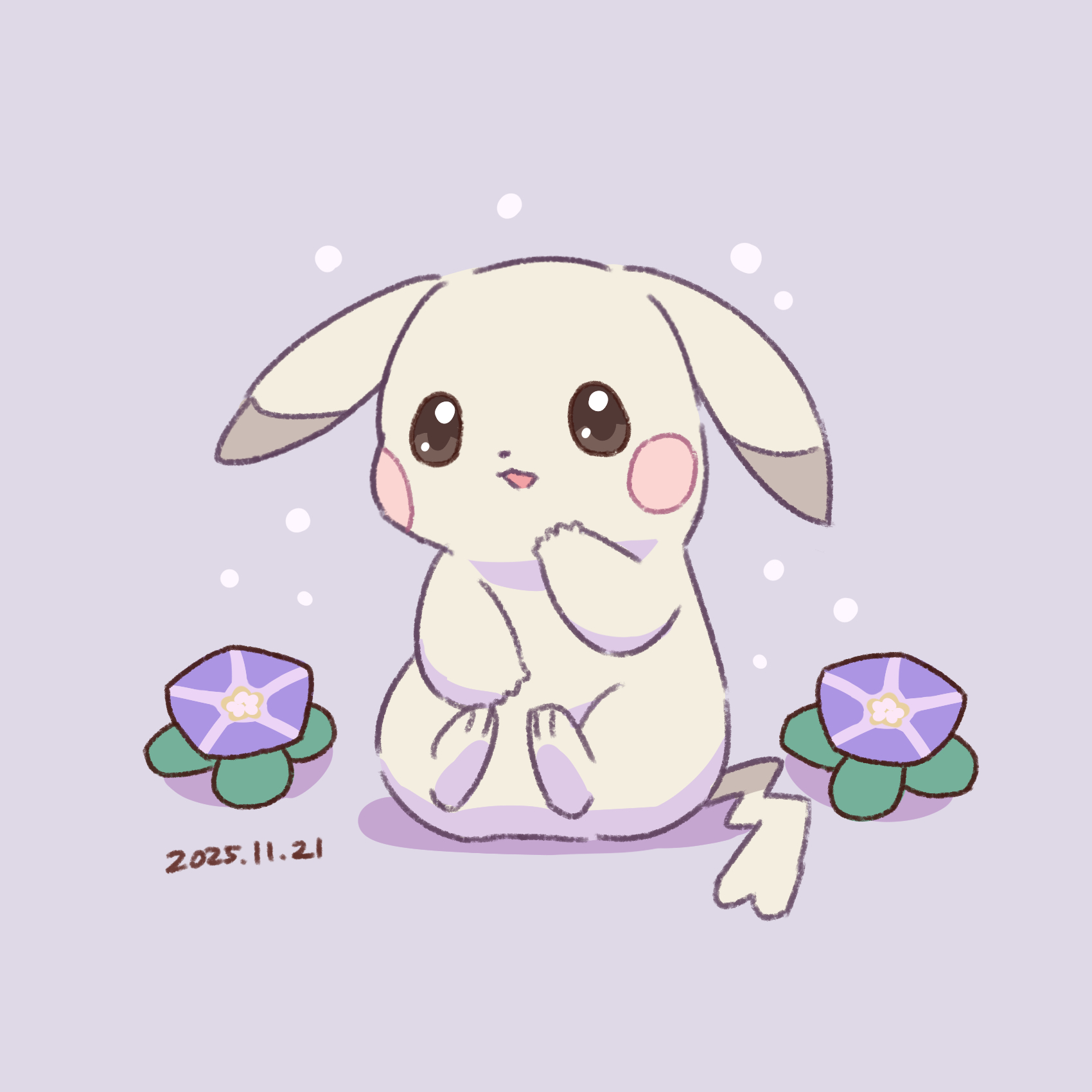 neko gyoza, peakychu, pikachu, nintendo, pokemon, pokemon pokopia, highres, alternate color, alternate form, droopy ears, ears down, flower, full body, gen 1 pokemon, looking at viewer, no humans, open mouth, parted lips, pokemon (creature), pokemon focus, solo, tail