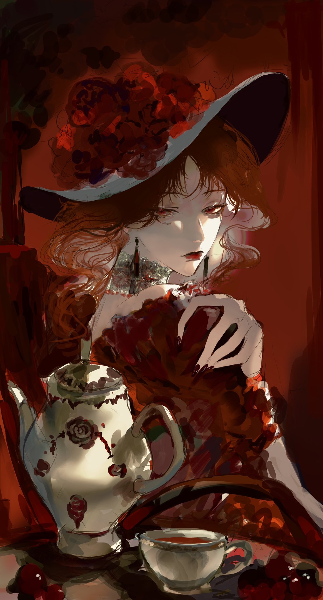 waffle820, original, highres, 1girl, aegyo sal, collar, cup, dress, earrings, flower, hand on own shoulder, hat, jewelry, long hair, looking at viewer, looking back, red dress, red eyes, red flower, red hair, red lips, red nails, red rose, rose, sidelighting, sitting, solo, teacup, teapot, upper body