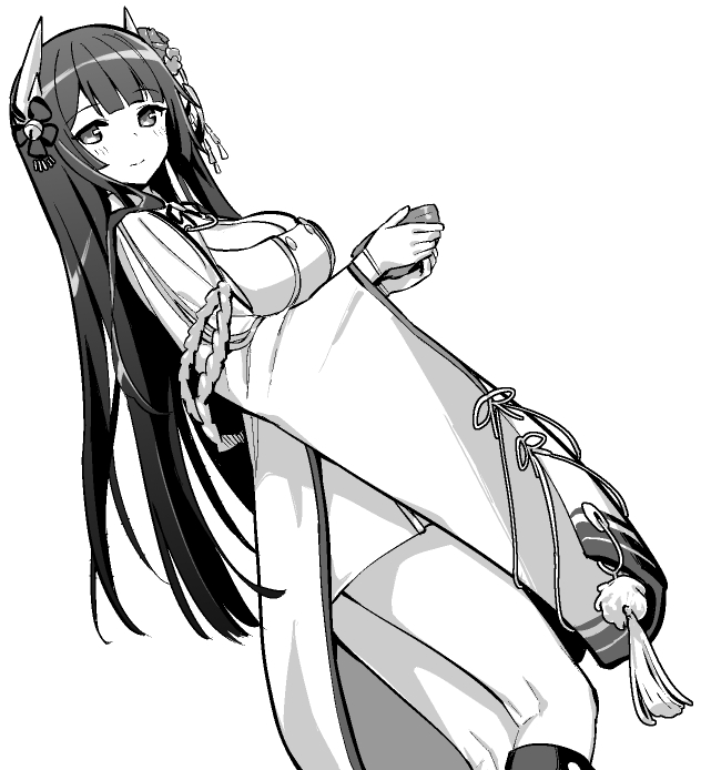 hori (hori no su), hiei (azur lane), azur lane, azur lane: slow ahead, commentary, official art, 1girl, bell, blush, bow, bowl, breasts, buttons, cleavage, cleavage cutout, closed mouth, clothing cutout, dot nose, dress, dutch angle, feet out of frame, flower, furisode sleeves, gloves, greyscale, hair bow, hair flower, hair ornament, headgear, holding, holding bowl, horns, japanese clothes, jingle bell, large breasts, long hair, monochrome, neck ribbon, ribbon, simple background, smile, solo, tassel, thighs, very long hair, white background