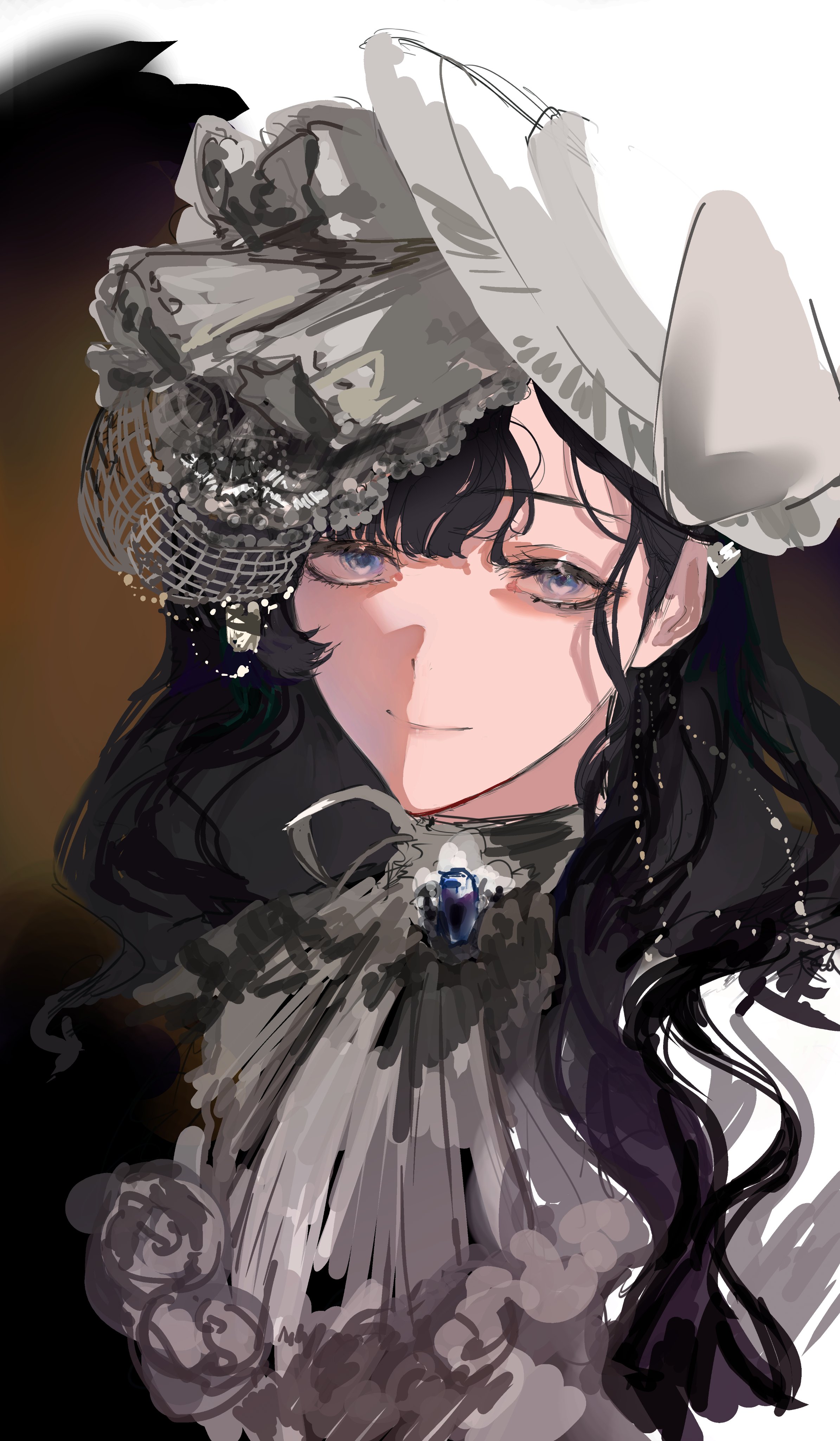 waffle820, reverse:1999, absurdres, character request, hashtag-only commentary, highres, 1girl, aegyo sal, black hair, blue eyes, brooch, dress, frills, head tilt, headdress, jewelry, long hair, looking at viewer, sidelighting, smile, solo, upper body, white dress