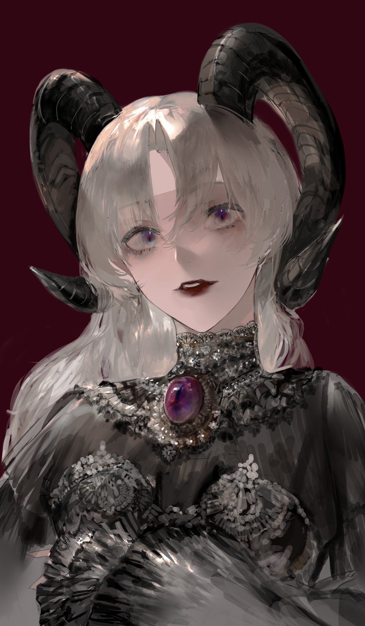 waffle820, original, highres, 1girl, aegyo sal, black dress, brooch, curtained hair, double-parted bangs, dress, hair between eyes, horns, jewelry, lace trim, looking at viewer, purple eyes, red lips, sheep horns, solo, white hair