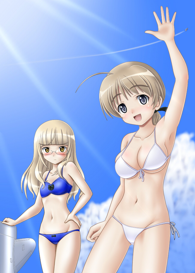 mushoku no hourousha, lynette bishop, perrine h. clostermann, strike witches, world witches series, 00s, 2girls, bikini, blonde hair, blue eyes, blush, braid, breasts, brown hair, cloud, day, glasses, long hair, medium breasts, multiple girls, single braid, sky, small breasts, striker unit, swimsuit, yellow eyes