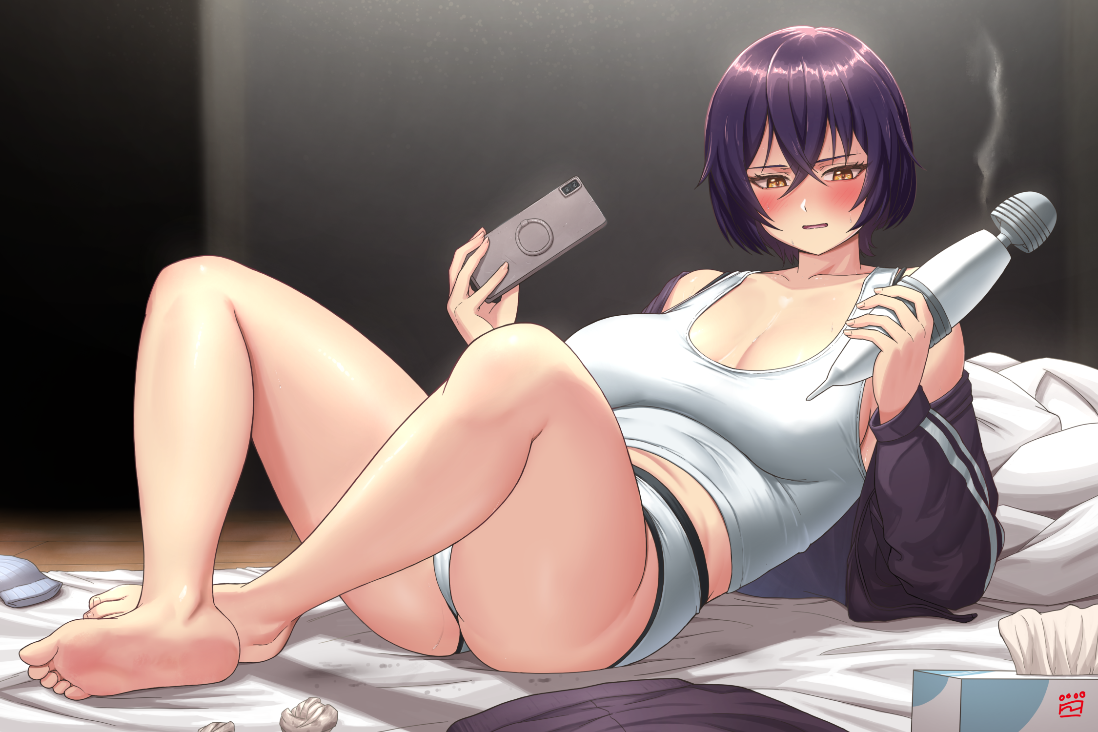 finalcake, yotaka aoi, yotaka futatabi, highres, 1girl, bare legs, barefoot, blush, breasts, broken, cellphone, crossed ankles, feet, hitachi magic wand, knees up, large breasts, legs, panties, phone, plump, purple hair, reclining, sex toy, shirt, short hair, smartphone, soles, solo, tissue box, toes, underwear, used tissue, vibrator, white panties, white shirt