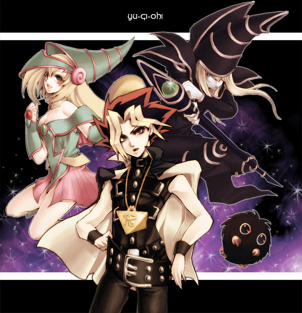 beniharu (kisou), dark magician, dark magician girl, kuriboh, muto yugi, yami yugi, yu-gi-oh!, yu-gi-oh! duel monsters, 1girl, 2boys, bare shoulders, blonde hair, colored bangs, detached sleeves, duel monster, hat, long hair, millennium puzzle, multiple boys, staff