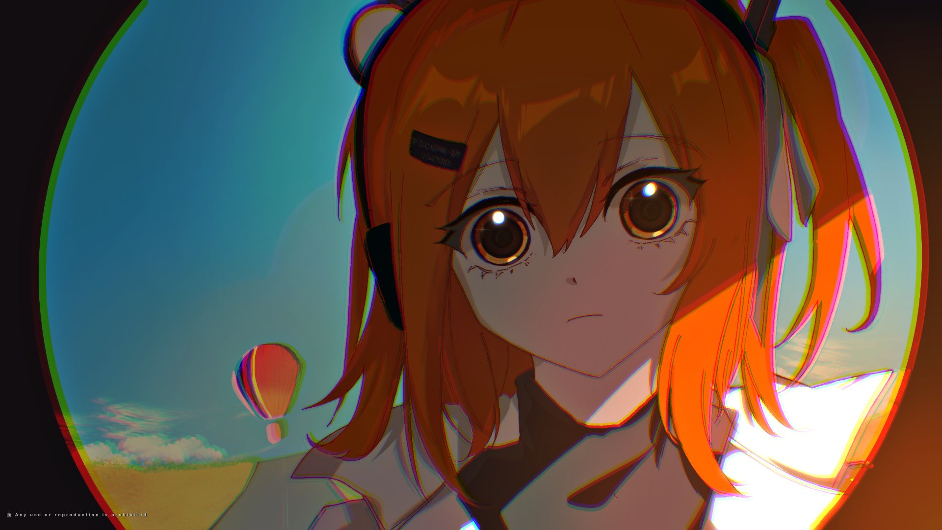 dearest981340, adachi rei, a.i. voice, utau, commentary, highres, 1girl, aircraft, closed mouth, hot air balloon, looking at viewer, one side up, orange eyes, orange hair, portrait, solo