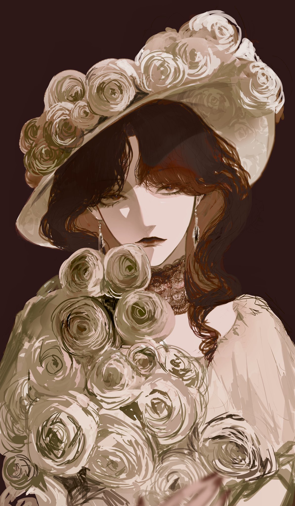 waffle820, original, highres, 1girl, bouquet, brown eyes, brown hair, collar, dress, earrings, flower, hat, head tilt, holding, holding bouquet, jewelry, lace collar, long hair, looking at viewer, rose, solo, too many flowers, upper body, white dress, white flower, white rose