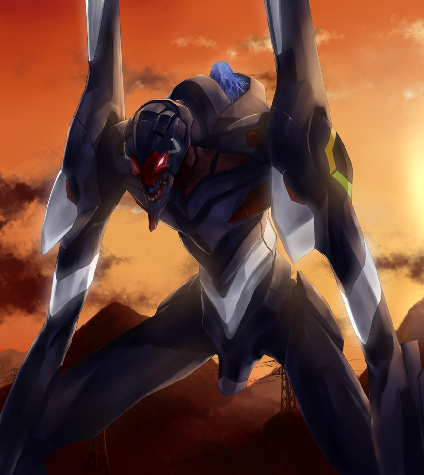 tomo (machinemess), angel (evangelion), bardiel (evangelion), eva 03, neon genesis evangelion, rebuild of evangelion, bad id, bad pixiv id, 00s, cloud, grin, humanoid robot, mecha, no humans, power lines, robot, sky, smile, solo