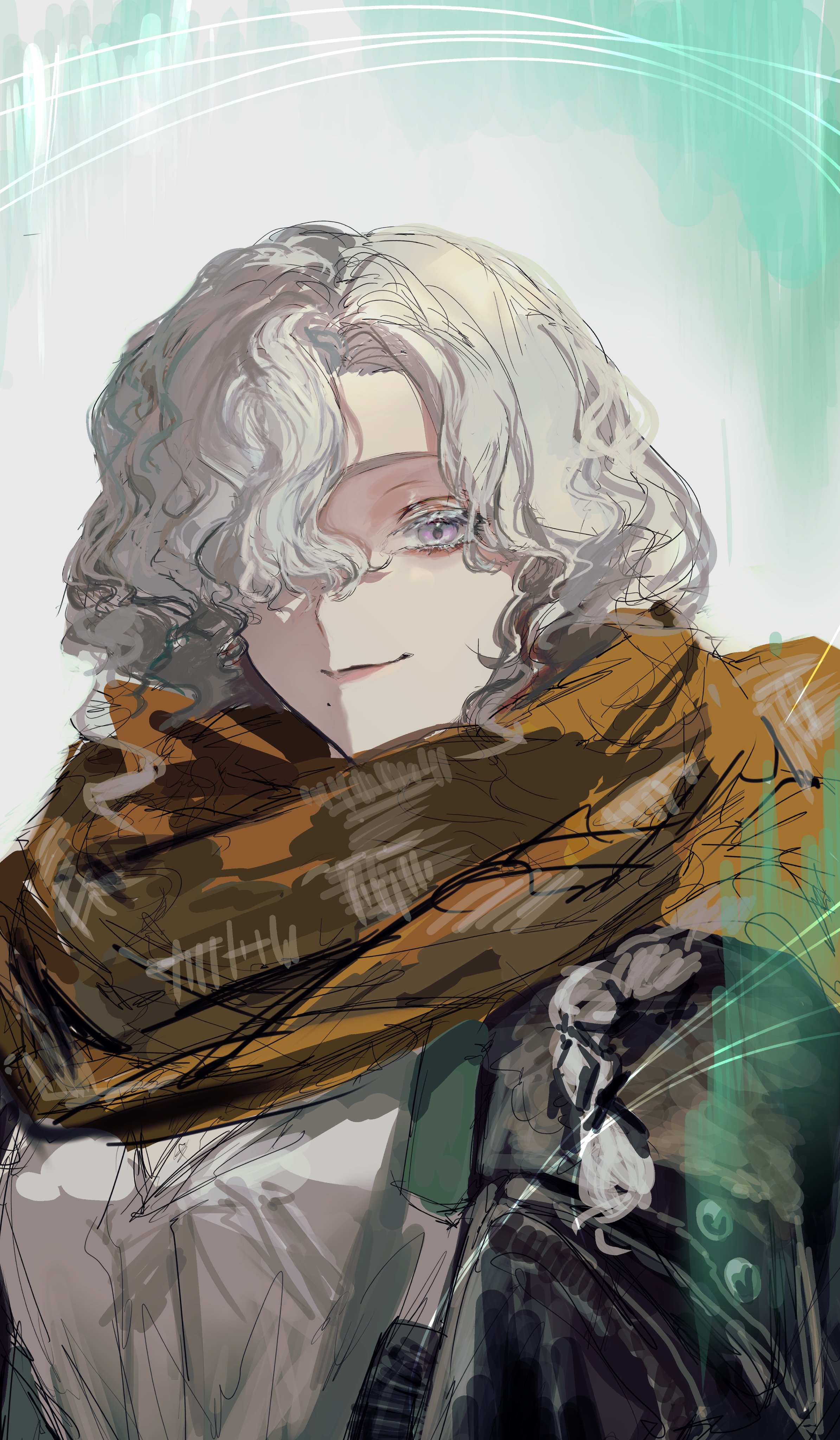 waffle820, reverse:1999, absurdres, character request, hashtag-only commentary, highres, 1girl, aegyo sal, curly hair, hair over one eye, jacket, looking at viewer, scarf, shirt, short hair, smile, solo, upper body, white hair, white shirt, yellow eyes, yellow scarf