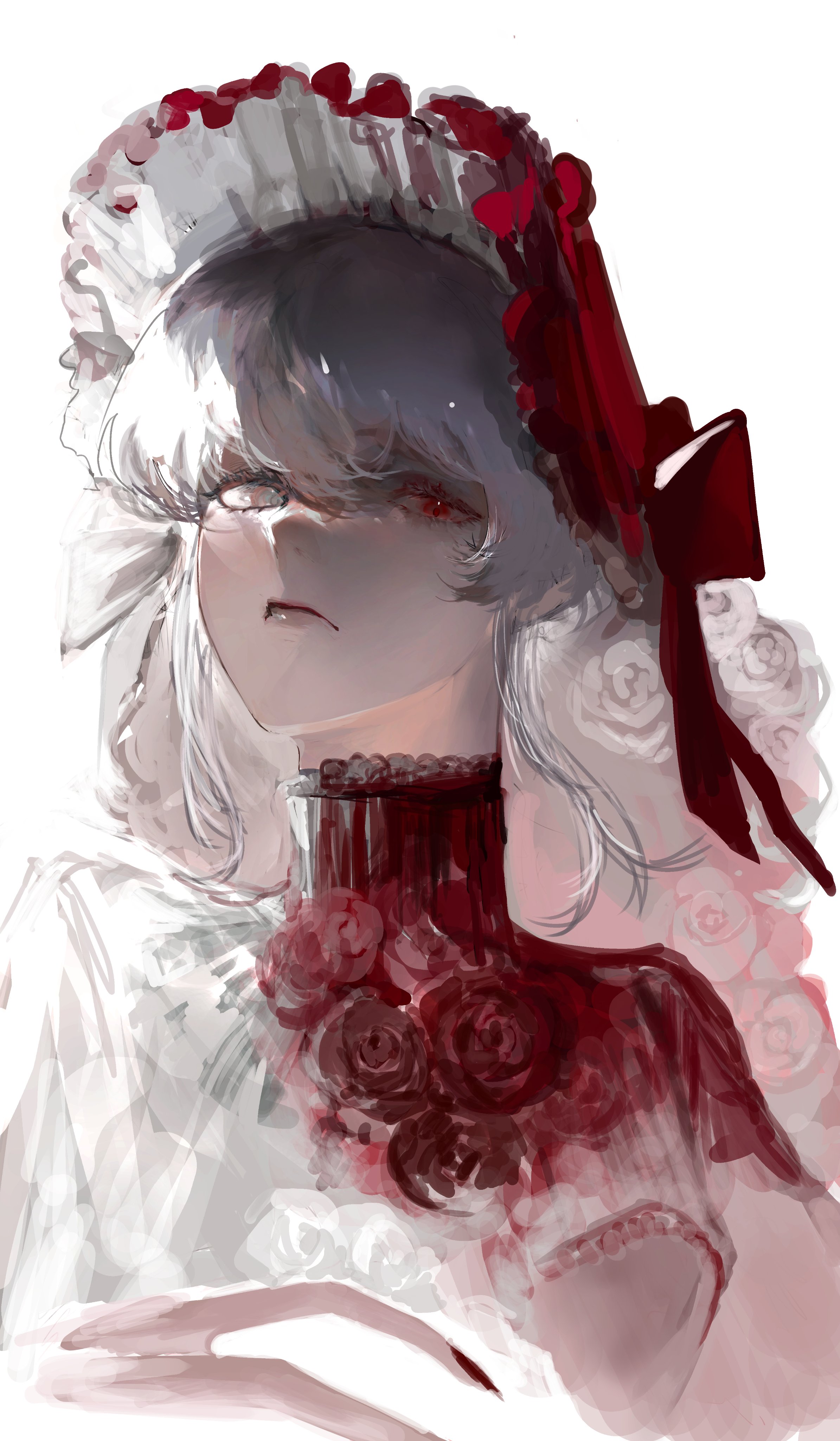 waffle820, original, absurdres, highres, 1girl, blunt bangs, bonnet, double-parted bangs, expressionless, flower, hair flower, hair ornament, hair ribbon, hand up, head tilt, heterochromia, long hair, looking at viewer, partially shaded face, red eyes, red nails, red shirt, revealing layer, ribbon, rose, shirt, solo, two-tone shirt, white flower, white hair, white rose, white shirt, yellow eyes