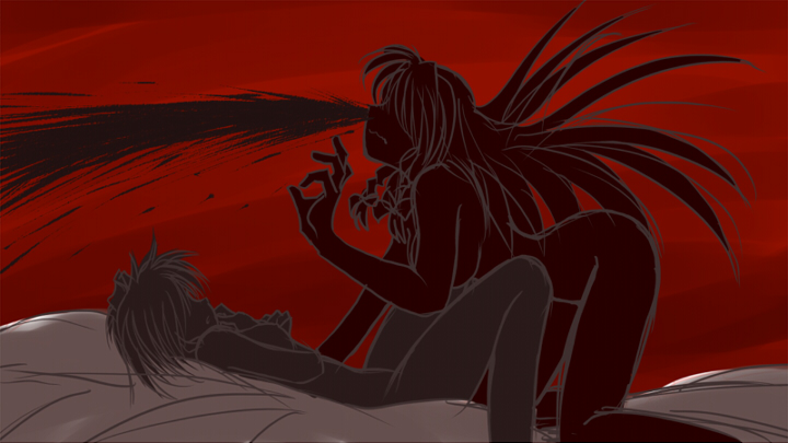 yuzukineko, hong meiling, izayoi sakuya, embodiment of scarlet devil, touhou, 2girls, bed, blood, excessive nosebleed, female focus, lying, monochrome, multiple girls, nosebleed, nude, red background, red theme, silhouette, surprised, yuri