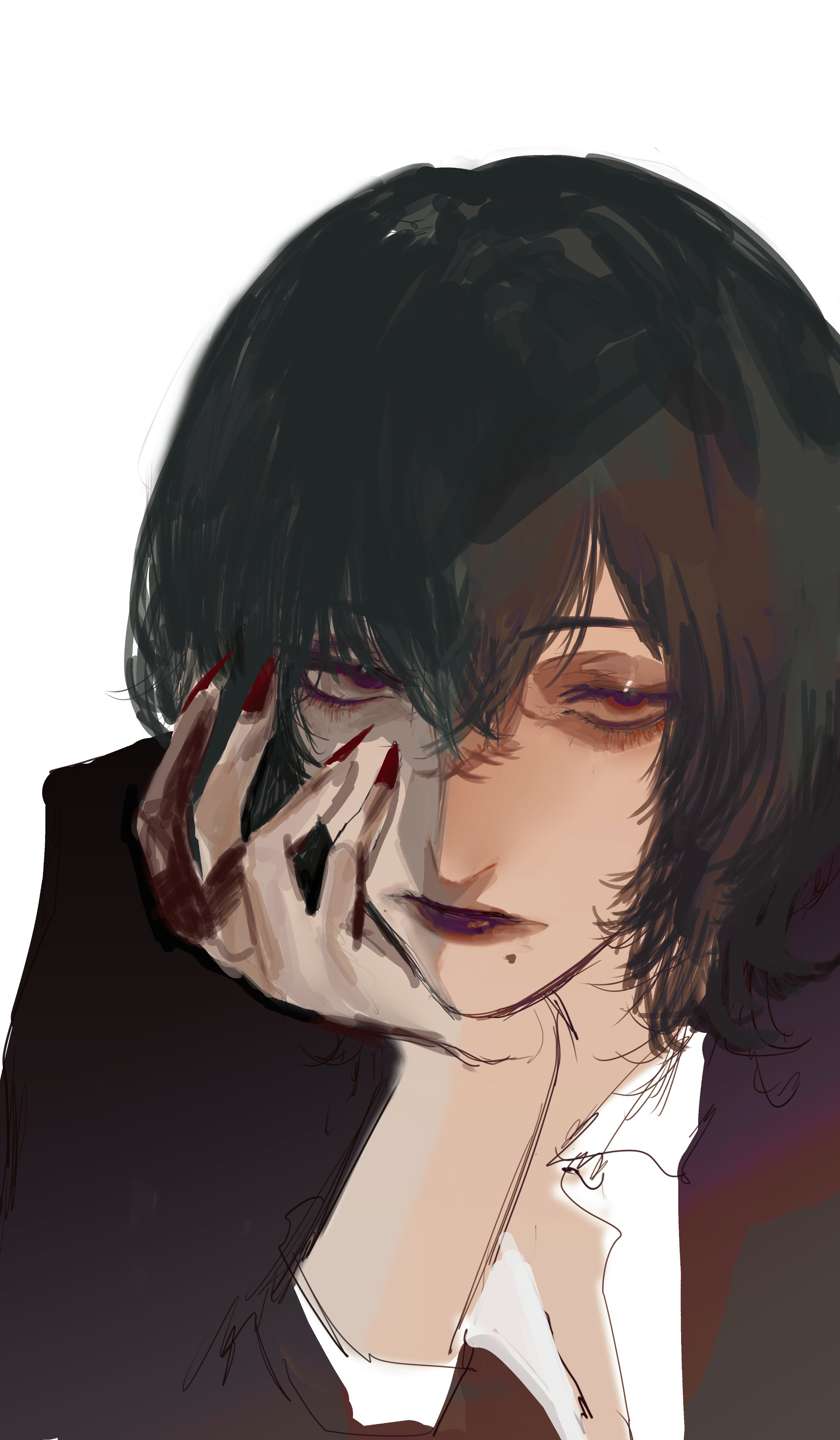 waffle820, original, absurdres, highres, 1girl, :|, aegyo sal, black coat, black hair, closed mouth, coat, collared shirt, crossed bangs, double-parted bangs, expressionless, hair between eyes, hand on own chin, hand on own face, hand up, looking at viewer, red eyes, red lips, red nails, shirt, short hair, solo, upper body, white shirt