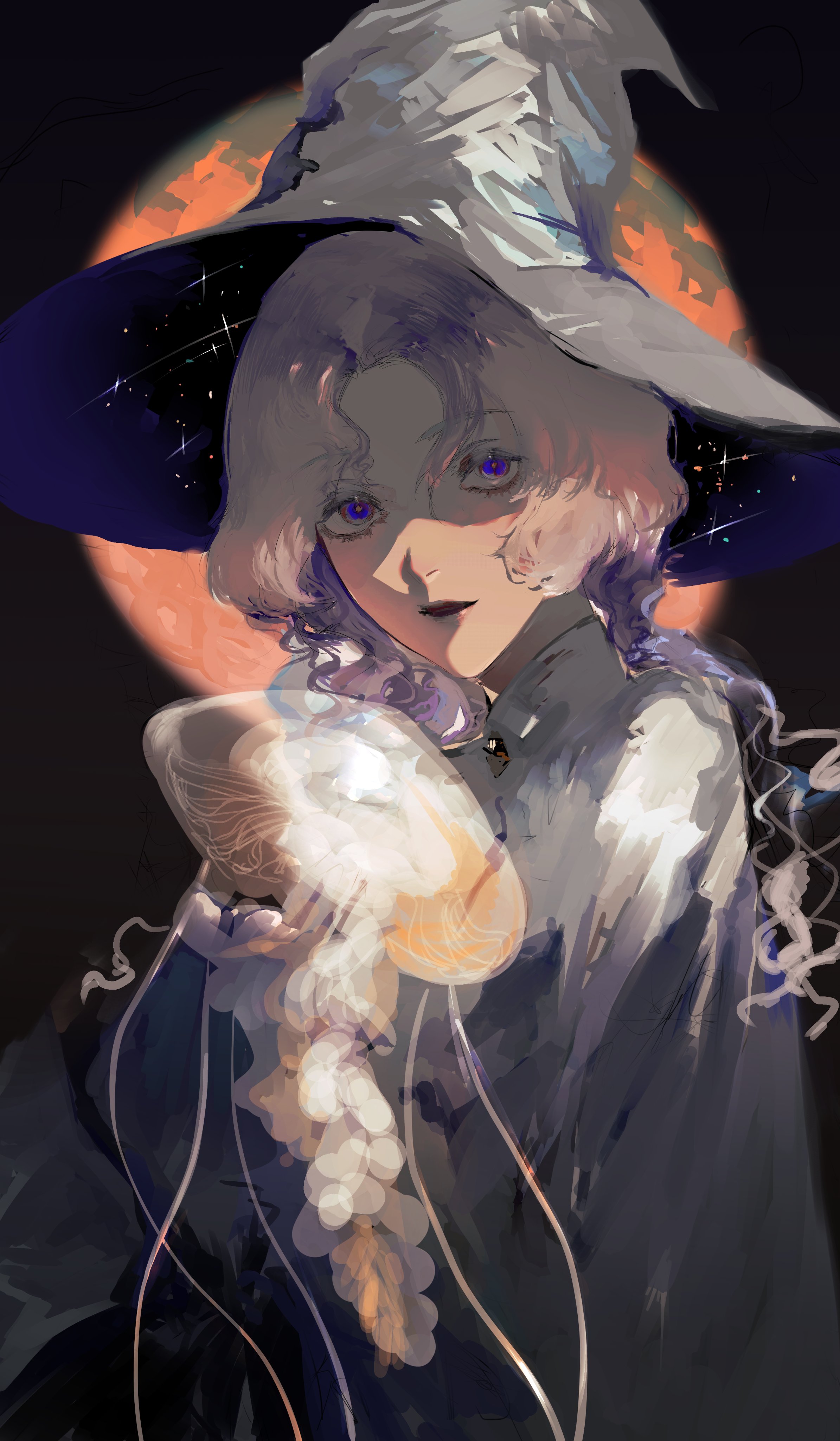 waffle820, original, absurdres, highres, 1girl, aegyo sal, animal, black lips, brooch, colored tips, hand up, hat, holding, holding animal, jellyfish, jewelry, long sleeves, looking at viewer, moon behind head, multicolored hair, partially shaded face, purple eyes, shirt, sidelighting, smile, solo, starry sky print, white hair, white shirt, witch hat