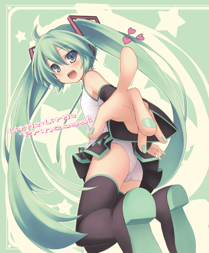 ryo (botugo), hatsune miku, vocaloid, 1girl, ahoge, aqua eyes, aqua hair, detached sleeves, female focus, heart, long hair, necktie, panties, skirt, solo, thighhighs, twintails, underwear, very long hair, white panties