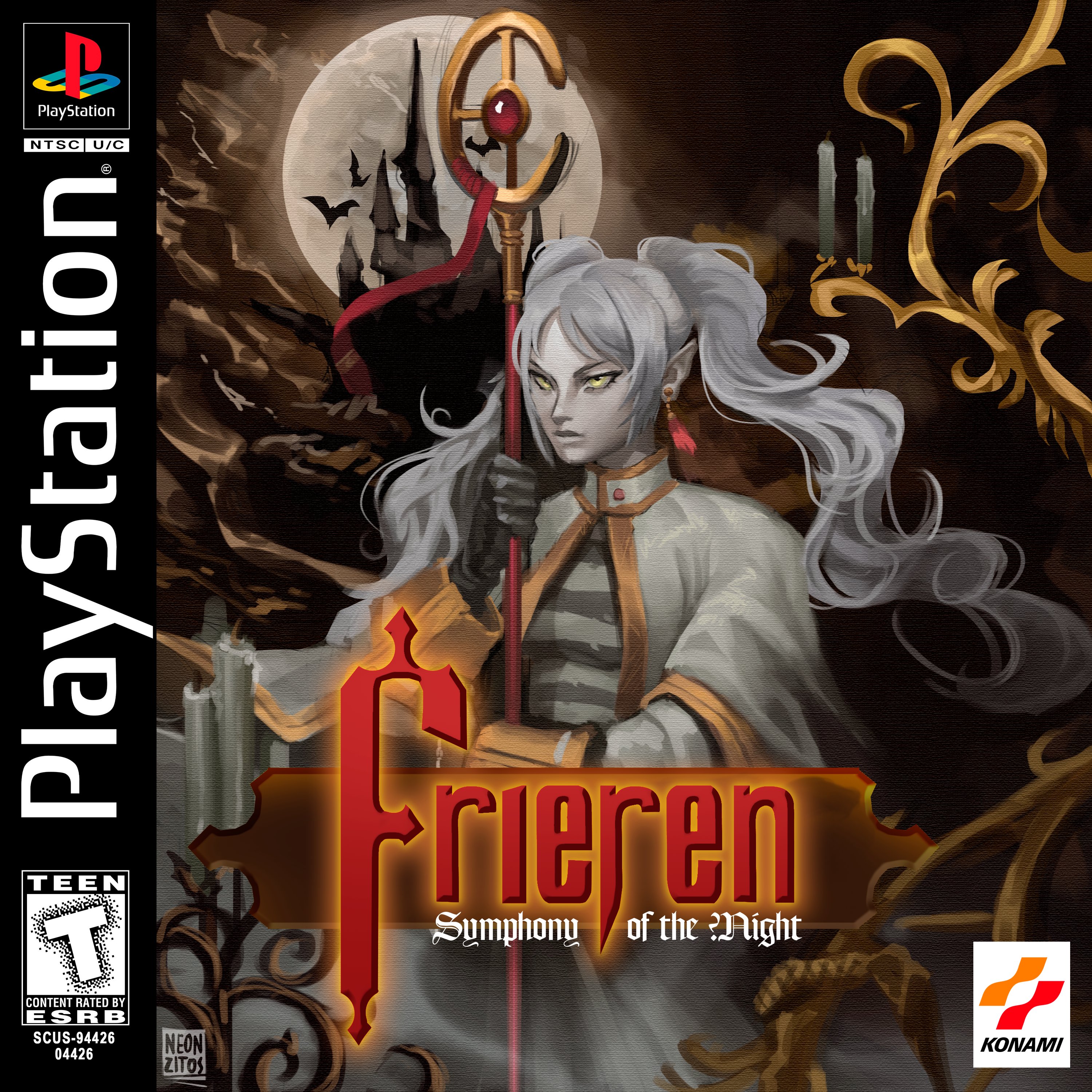 neon (neonzitos), frieren, castlevania: symphony of the night, castlevania (series), esrb, konami, sousou no frieren, absurdres, derivative work, highres, video game cover redraw, 1girl, artist name, black gloves, candelabra, candlestand, cape, castle, content rating, earrings, english text, game console, gloves, glowing, glowing eyes, grey hair, jewelry, long pointy ears, long sleeves, outdoors, pale skin, playstation 1, pointy ears, solo, standing, tassel, tassel earrings, twintails, upper body, white cape