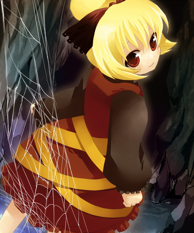 aro, kurodani yamame, touhou, bad id, bad pixiv id, 1girl, blonde hair, bow, female focus, hair bow, looking back, red eyes, short hair, silk, solo, spider web