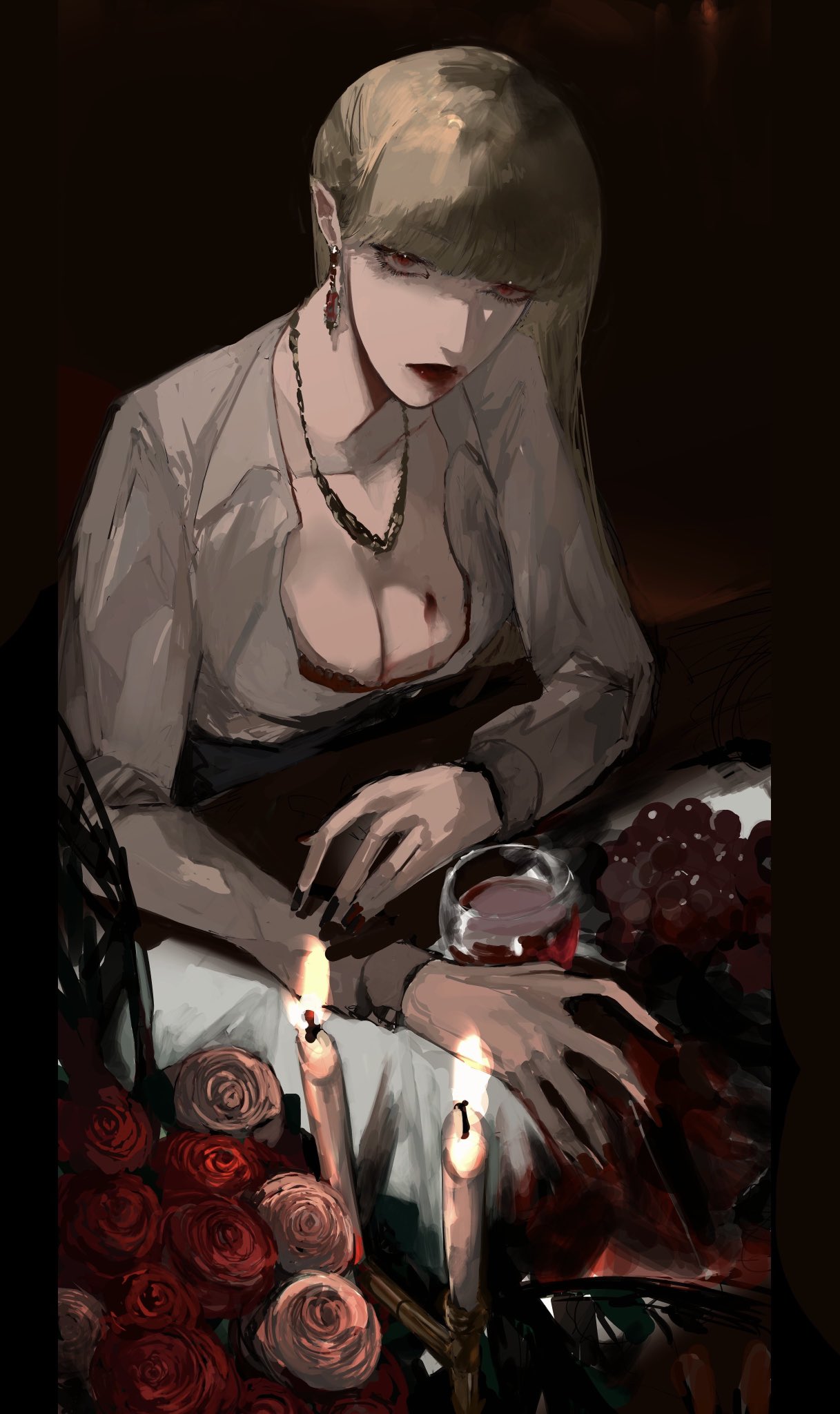 waffle820, original, highres, 1girl, alcohol, blonde hair, blunt bangs, breasts, cleavage, collared shirt, cup, drinking glass, earrings, elbow rest, flower, food, fruit, grapes, head tilt, jewelry, large breasts, leaning forward, long hair, looking at viewer, necklace, pink flower, pink rose, pointy ears, red flower, red rose, rose, shirt, solo, table, too many flowers, upper body, white shirt, wine, wine glass