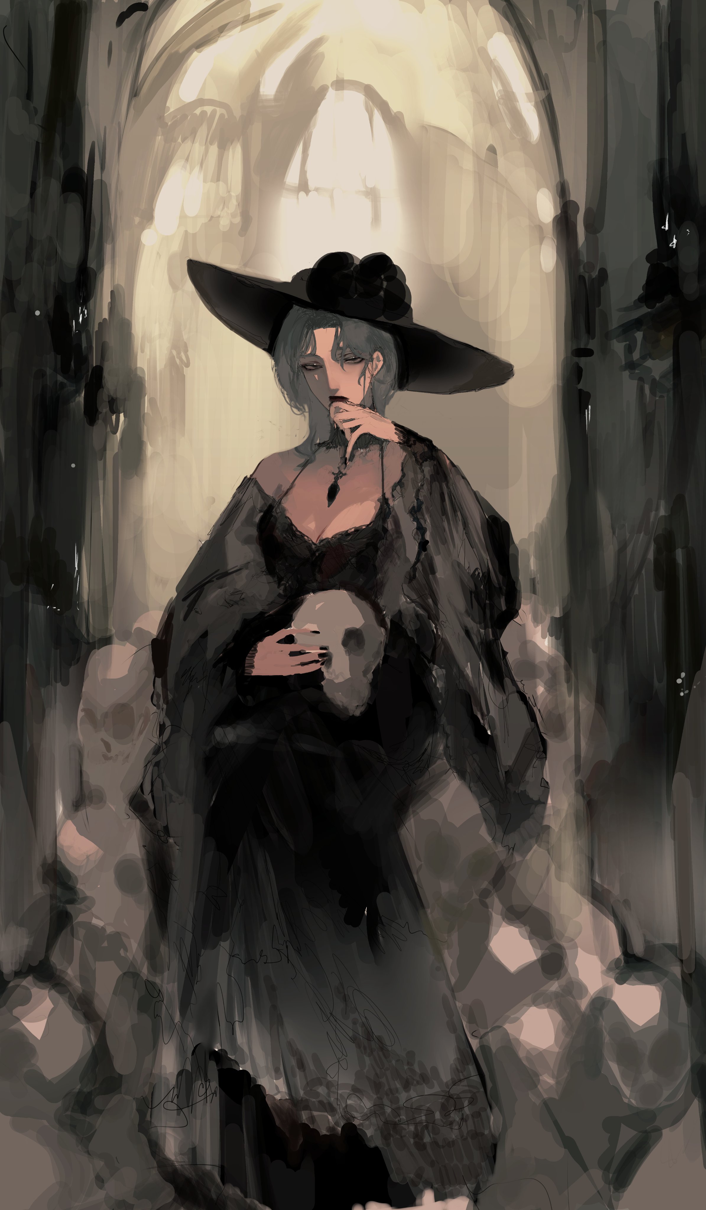waffle820, original, absurdres, highres, 1girl, arch, black dress, black eyes, black hat, black jacket, black lips, breasts, cleavage, cowboy shot, dress, grey hair, hallway, hand on own chin, hat, holding, holding skull, jacket, jacket partially removed, jewelry, long hair, looking at viewer, necklace, pile of skulls, skull, solo