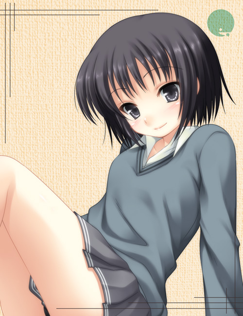 nanasaki ai, amagami, black hair, school uniform, short hair, smile, solo, sweater