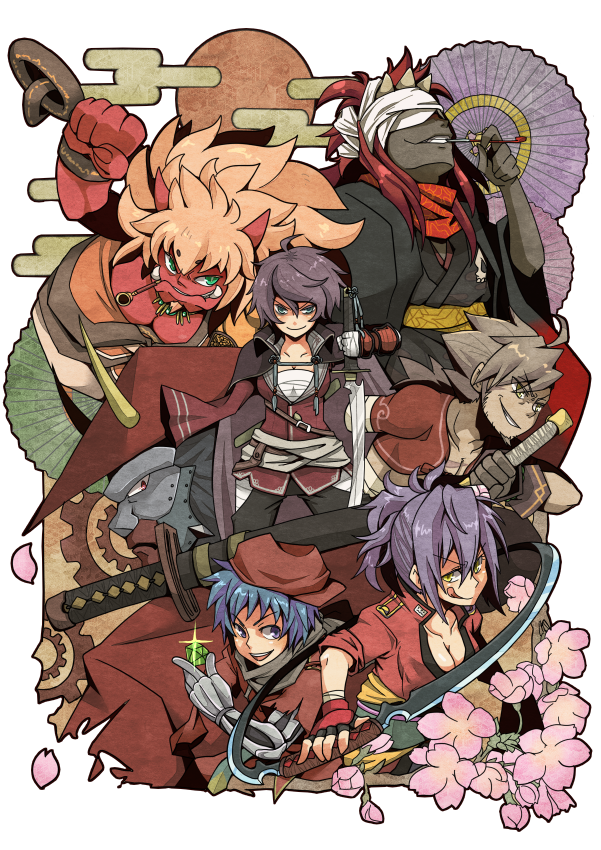 neko ichi, nekoichi, 2girls, breasts, cleavage, everyone, green eyes, monster, multiple girls, purple eyes, sword, tongue, weapon