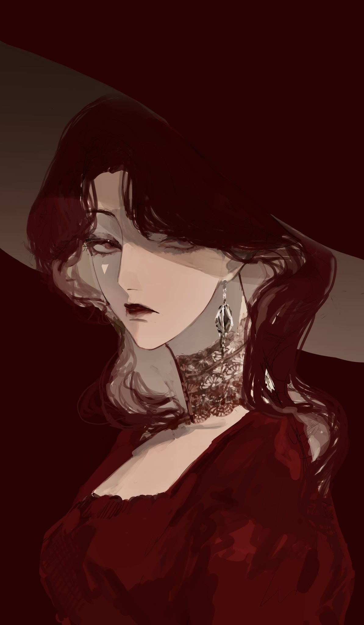 waffle820, original, highres, 1girl, aegyo sal, blending, dress, expressionless, hat, lace collar, long hair, looking at viewer, red dress, red eyes, red hair, red hat, red lips, red theme, sidelighting, solo, upper body, wavy hair