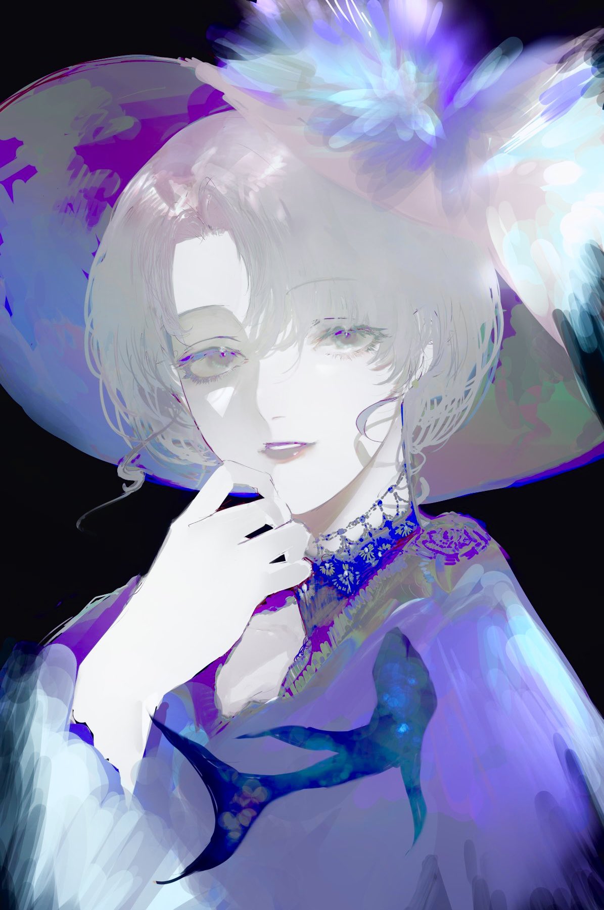 waffle820, original, highres, 1girl, aegyo sal, bob cut, dress, grin, hand on own chin, hat, hat feather, lace collar, looking at viewer, parted lips, purple dress, purple eyes, short hair, sidelighting, smile, solo, white hair