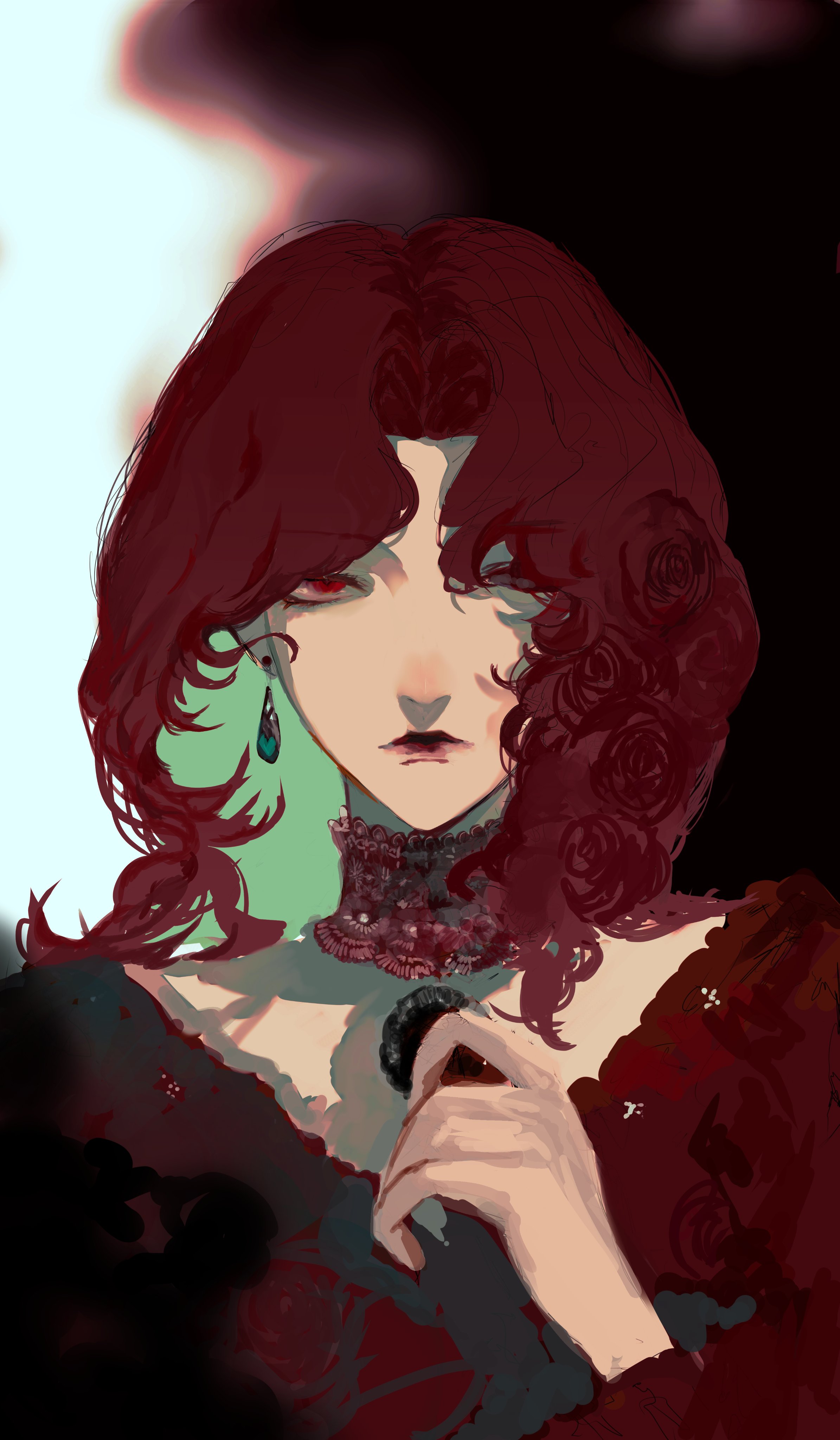 waffle820, original, absurdres, highres, 1girl, black dress, colored inner hair, curly hair, dress, flower, hair flower, hair ornament, hair over one eye, holding, lace collar, long hair, looking at viewer, multicolored hair, one eye closed, red dress, red hair, rose, solo, two-tone dress, upper body