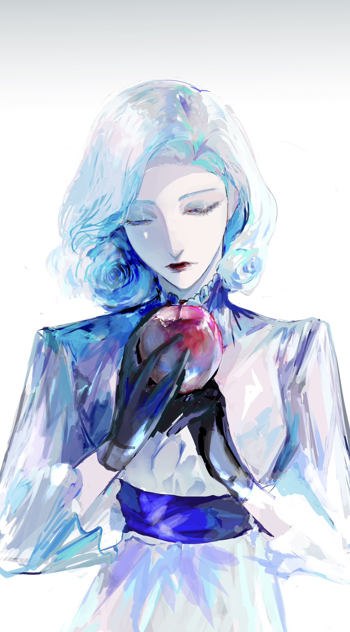 waffle820, original, highres, 1girl, apple, black gloves, bob cut, closed eyes, dress, facing viewer, food, fruit, gloves, holding, holding food, holding fruit, lace trim, short hair, solo, upper body, white dress, white hair