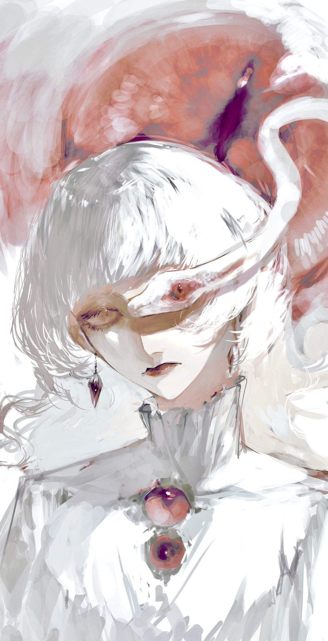 waffle820, original, highres, 1girl, aegyo sal, animal, blouse, brooch, double-parted bangs, earrings, expressionless, head tilt, high collar, jewelry, long hair, looking at viewer, one eye covered, oversized animal, partially shaded face, shirt, slit pupils, snake, solo, white hair, white snake, yellow eyes