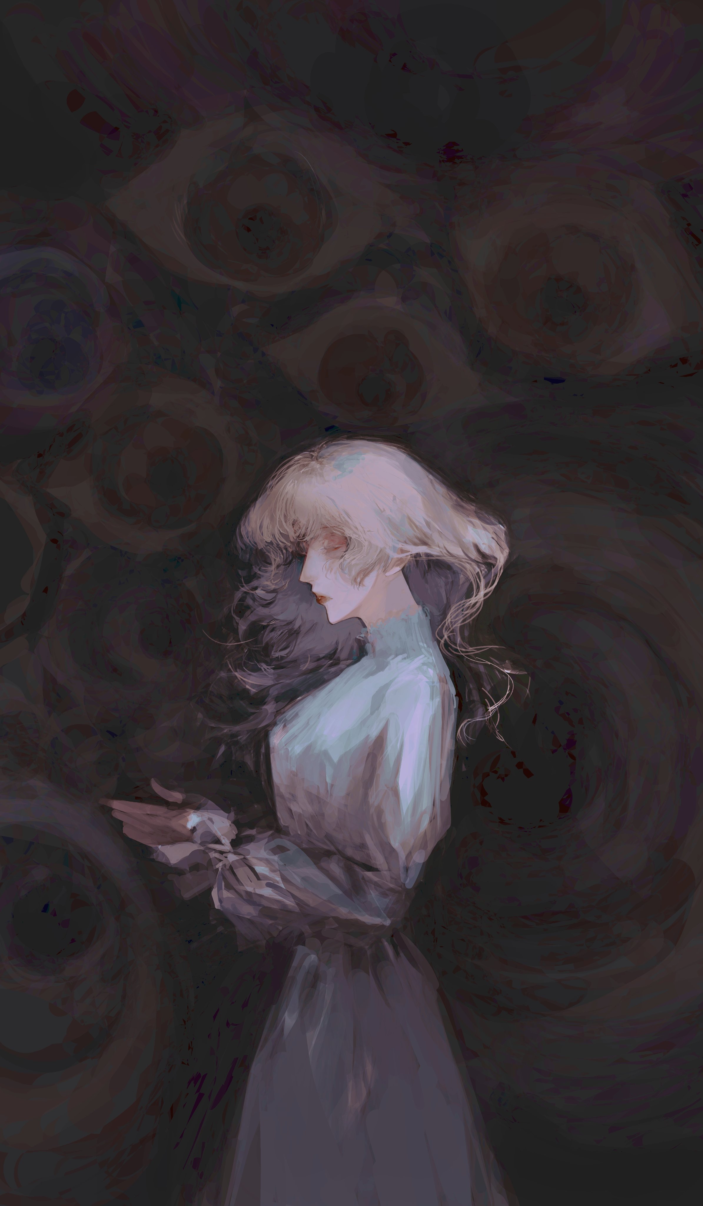 waffle820, original, absurdres, highres, 1girl, blonde hair, closed eyes, dress, expressionless, from side, hands up, high collar, long hair, red lips, too many eyes, white dress