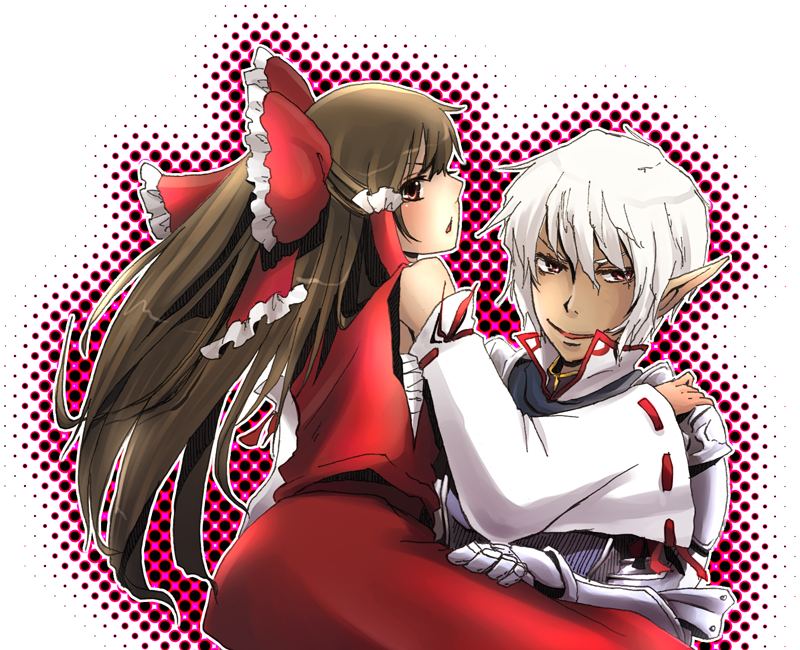 urita (vivivinicol), buront, elvaan, hakurei reimu, final fantasy, final fantasy xi, the iron of yin and yang, touhou, silver hair, bad id, bad pixiv id, 00s, 1boy, 1girl, armor, bow, brown hair, couple, crossover, detached sleeves, elf, hetero, japanese clothes, long hair, miko, pointy ears, red eyes, short hair