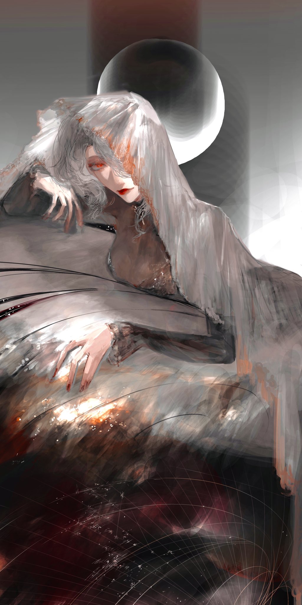 waffle820, original, highres, 1girl, abstract, breasts, cleavage, collar, leaning forward, long hair, looking at viewer, moon behind head, one eye covered, red eyes, red lips, smirk, solo, veil, white hair, white veil