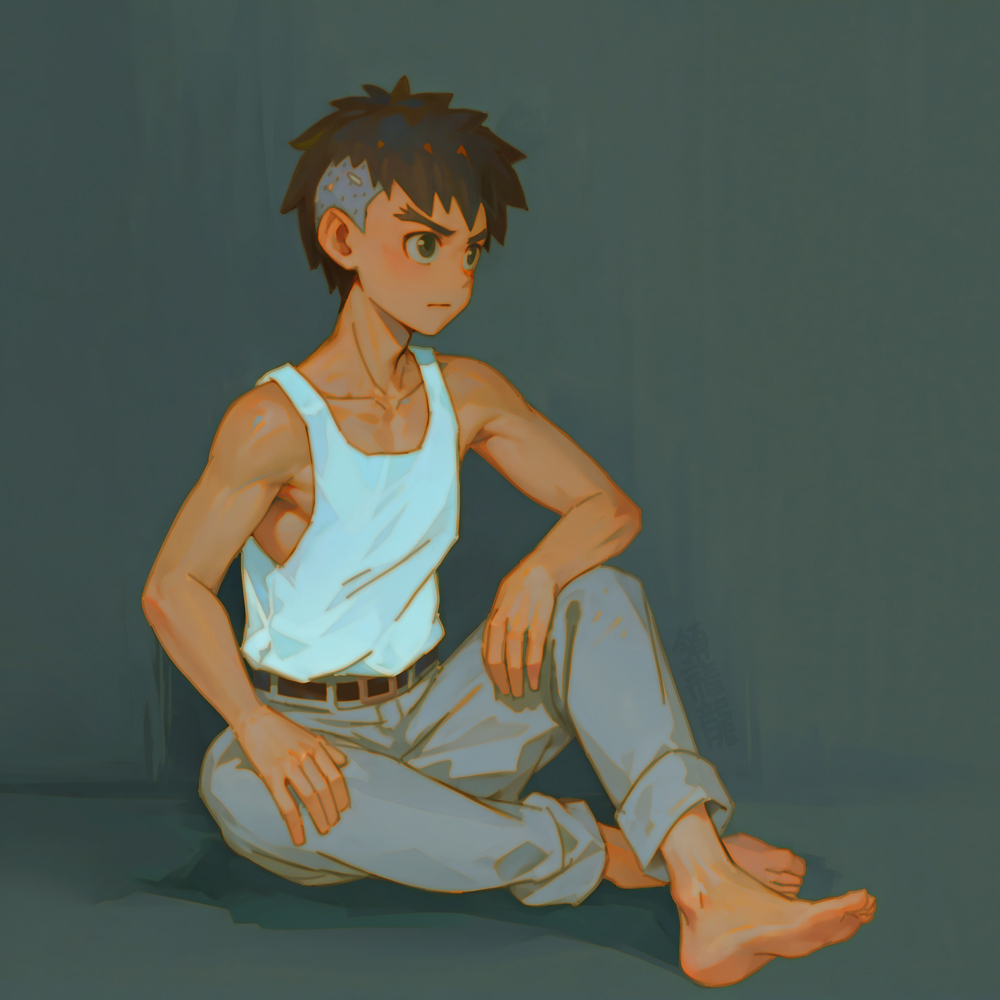 ryou hiryuu, maki mahito, kimitachi wa dou ikiru ka, 1boy, barefoot, belt, brown hair, male focus, pants, short hair, sitting, solo, tank top, toned, toned male, undercut, white tank top